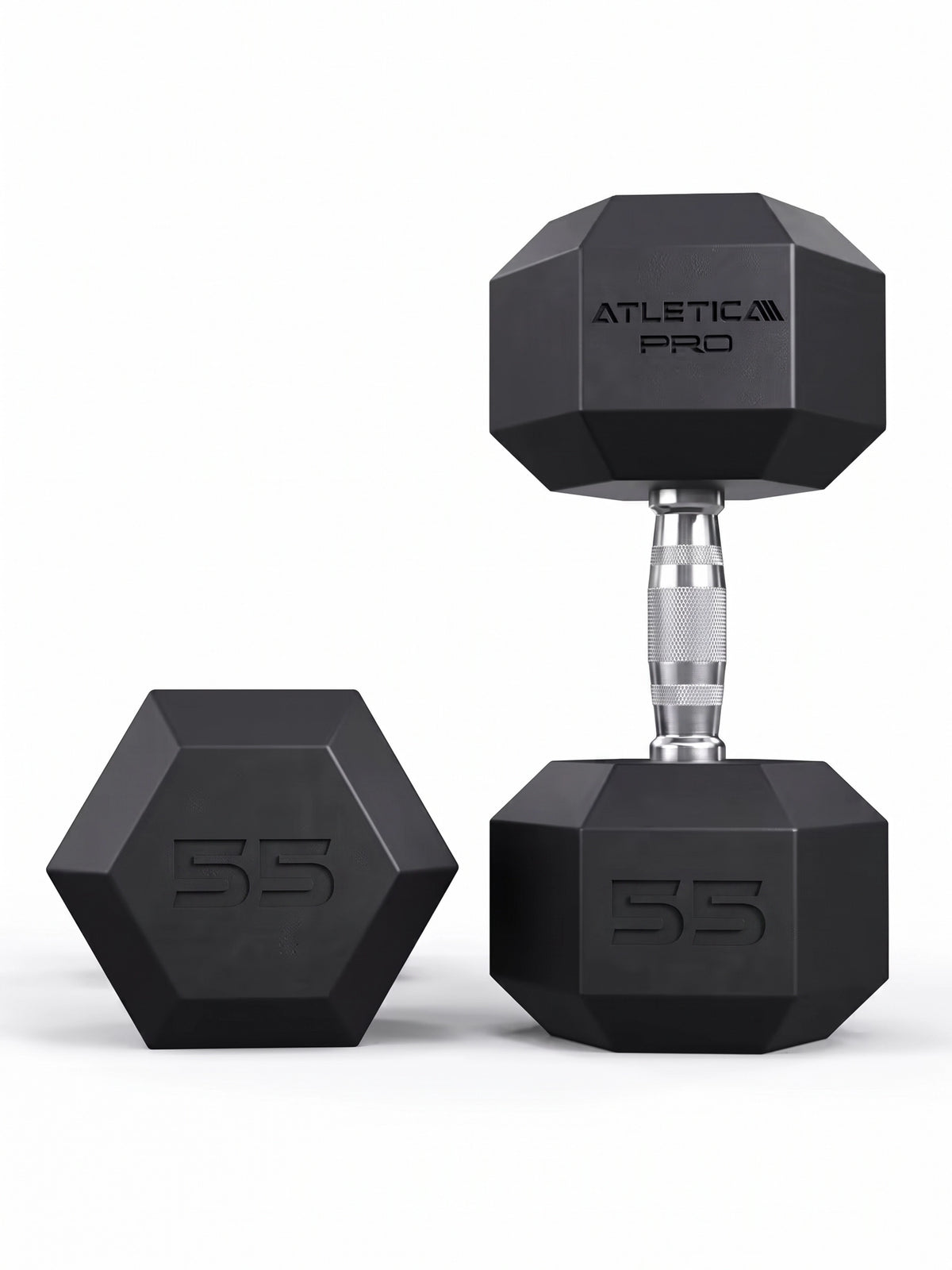 Hexagon PRO Dumbbells - two hexagonal 55 lb dumbbells, one standing, one lying