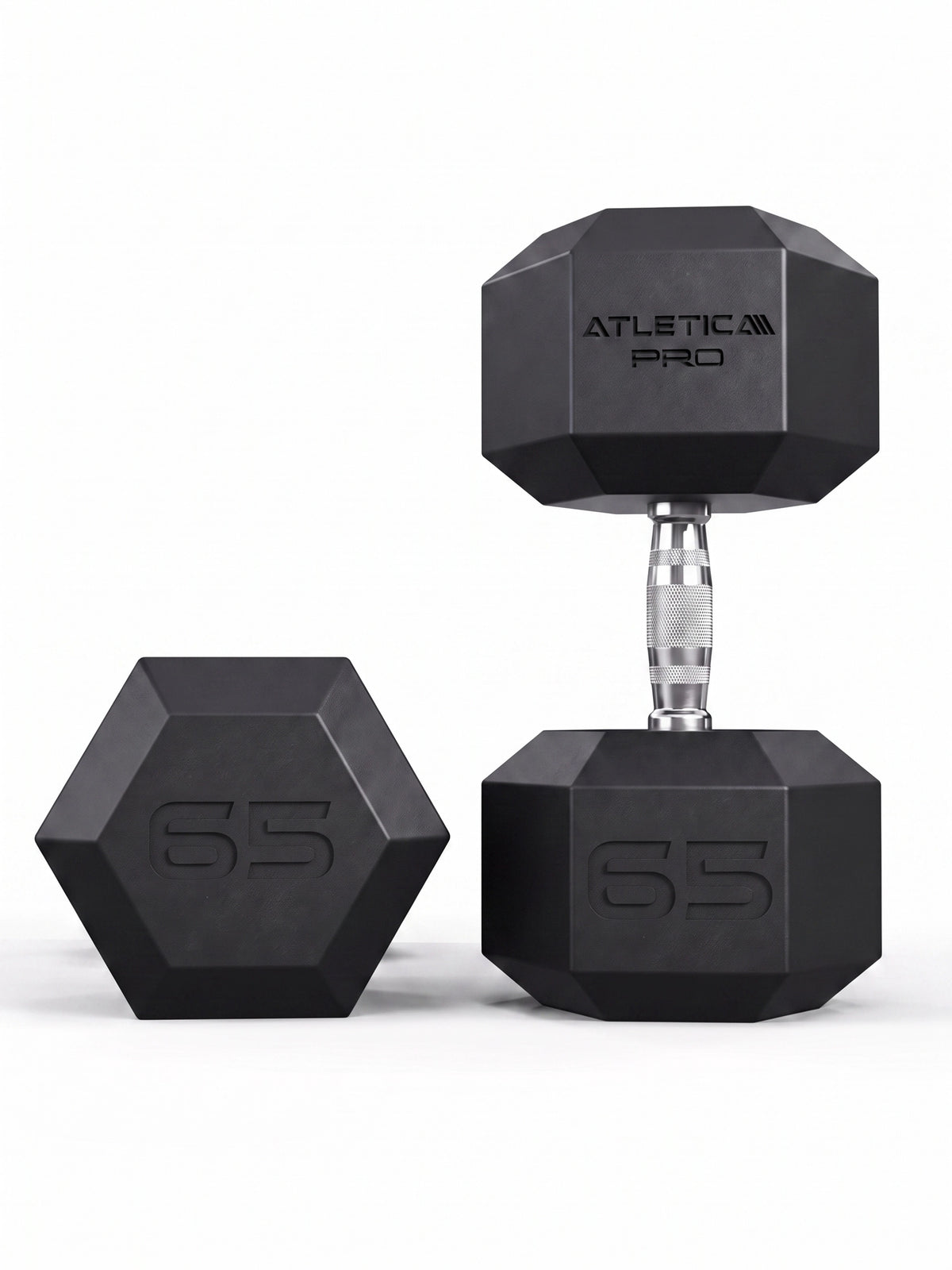 Hexagon PRO Dumbbells - hexagonal dumbbells 65 lb, two lying down, one standing