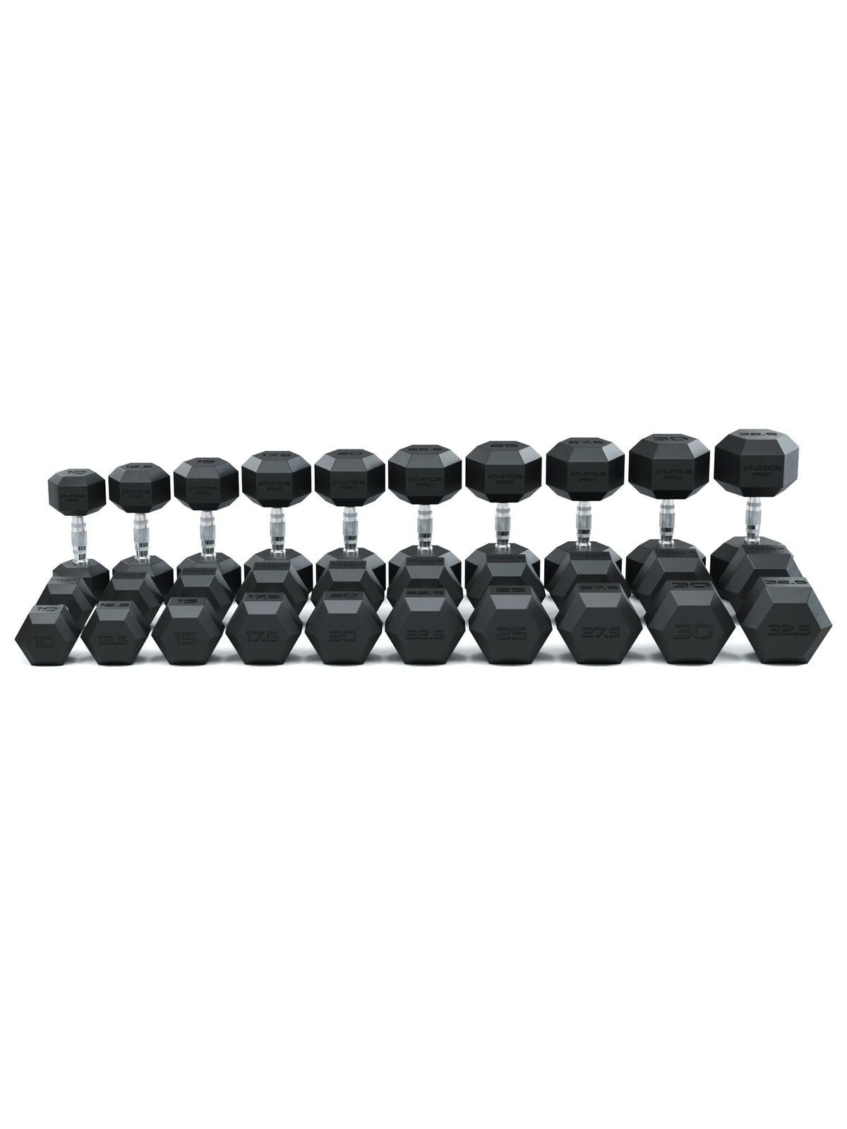 Atletica Hexagon PRO dumbbell set 4, 10 pairs lined up in two rows, front view