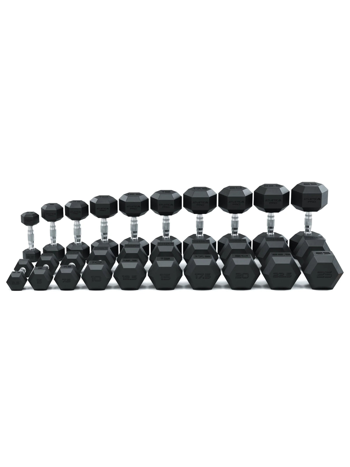 Atletica Hexagon PRO dumbbell set 3, 10 pairs lined up in two rows, front view