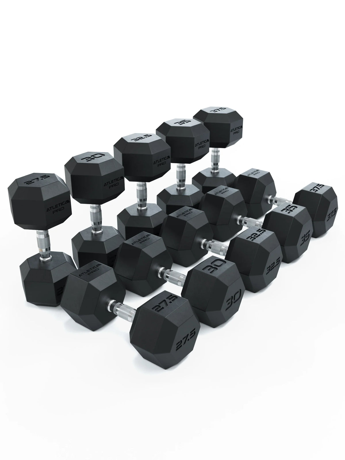 Atletica Hexagon PRO dumbbell set 1, 5 pairs of black hex dumbbells, angled view