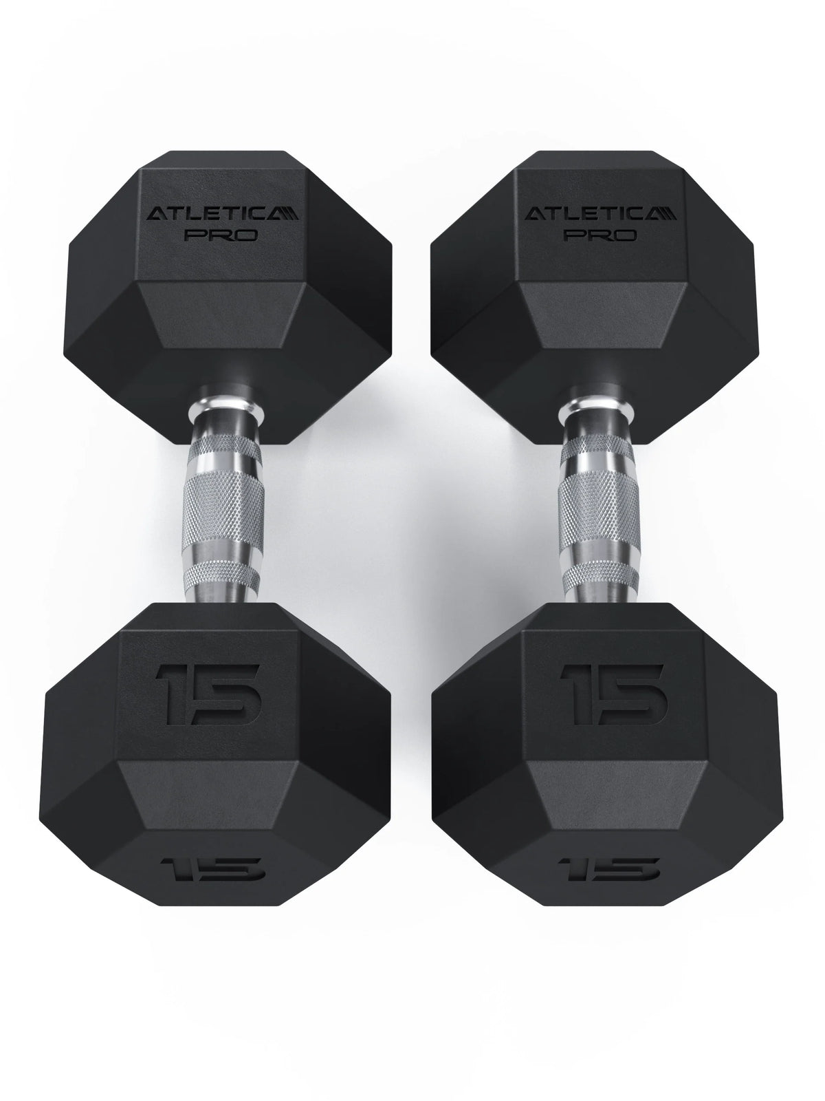 Atletica Hexagon PRO dumbbells 33 lb pair standing upright side by side, front view