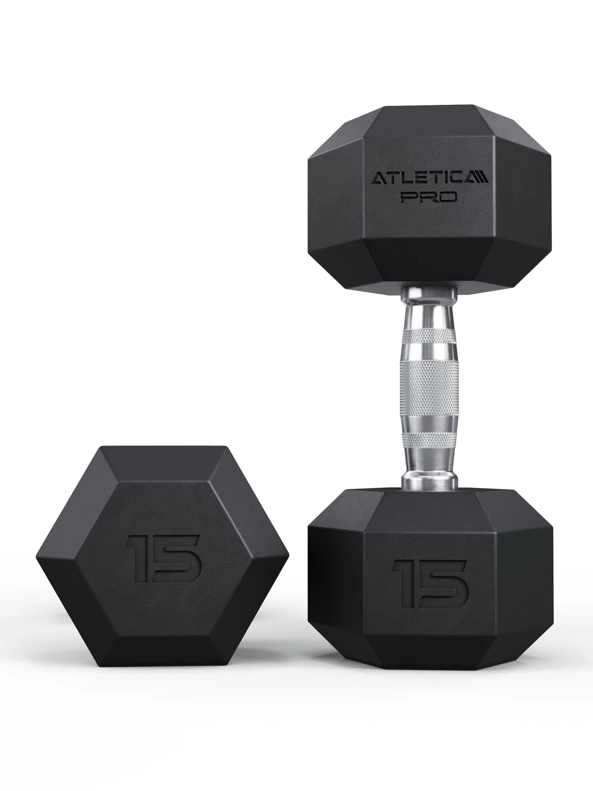 Atletica Hexagon PRO dumbbells 33 lb pair, one upright beside one lying on its side
