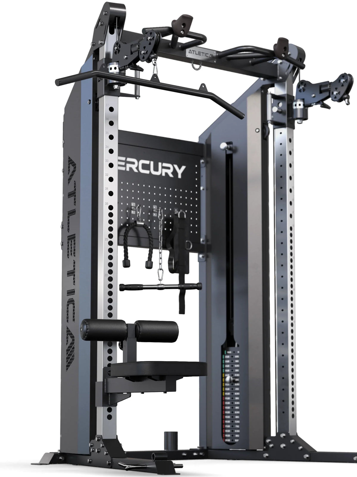 Atletica Mercury functional trainer with lat seat attachment installed, angled front view