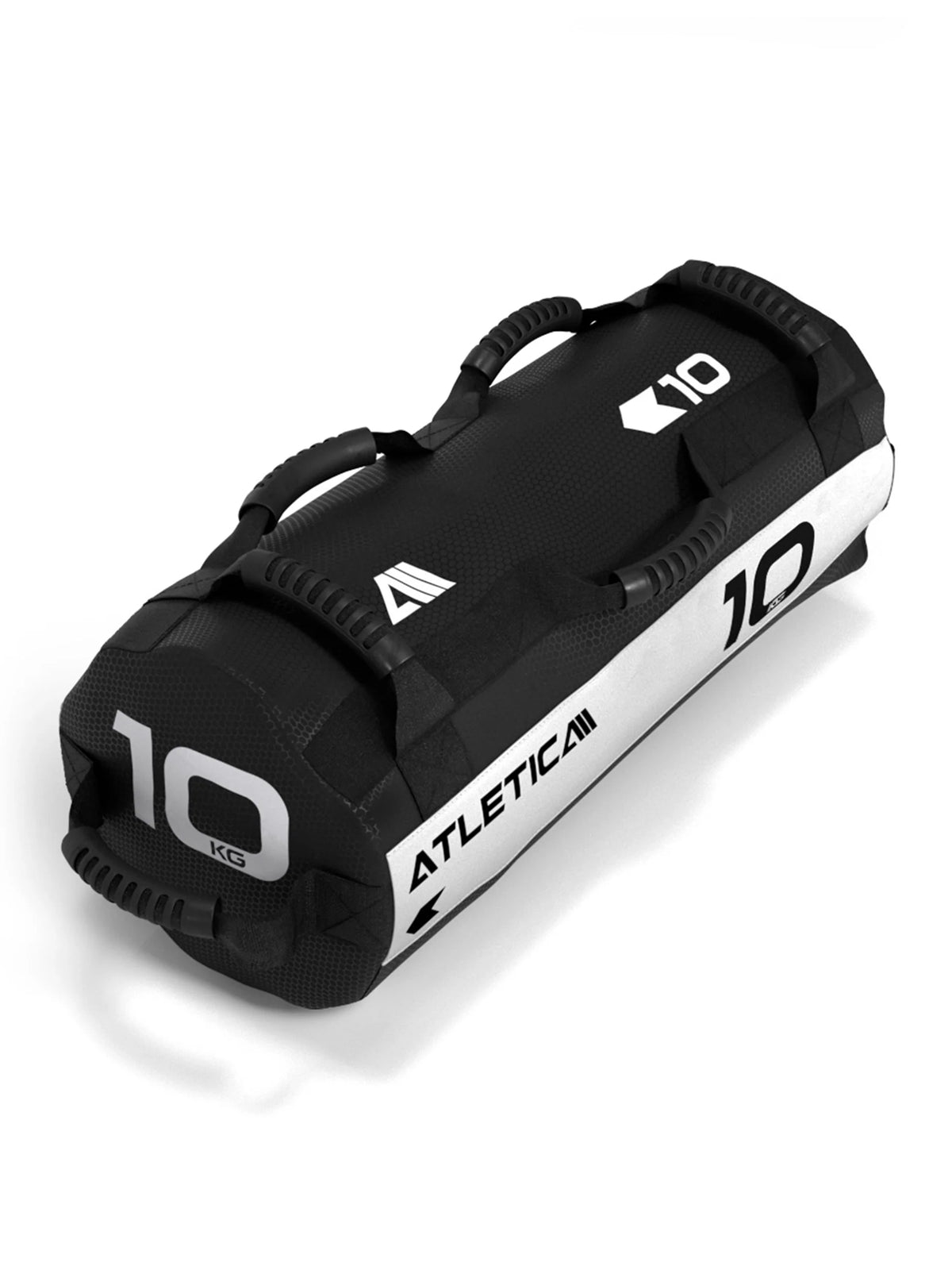 Atletica sandbag 22 lb, black and white with multiple grip handles, angled view