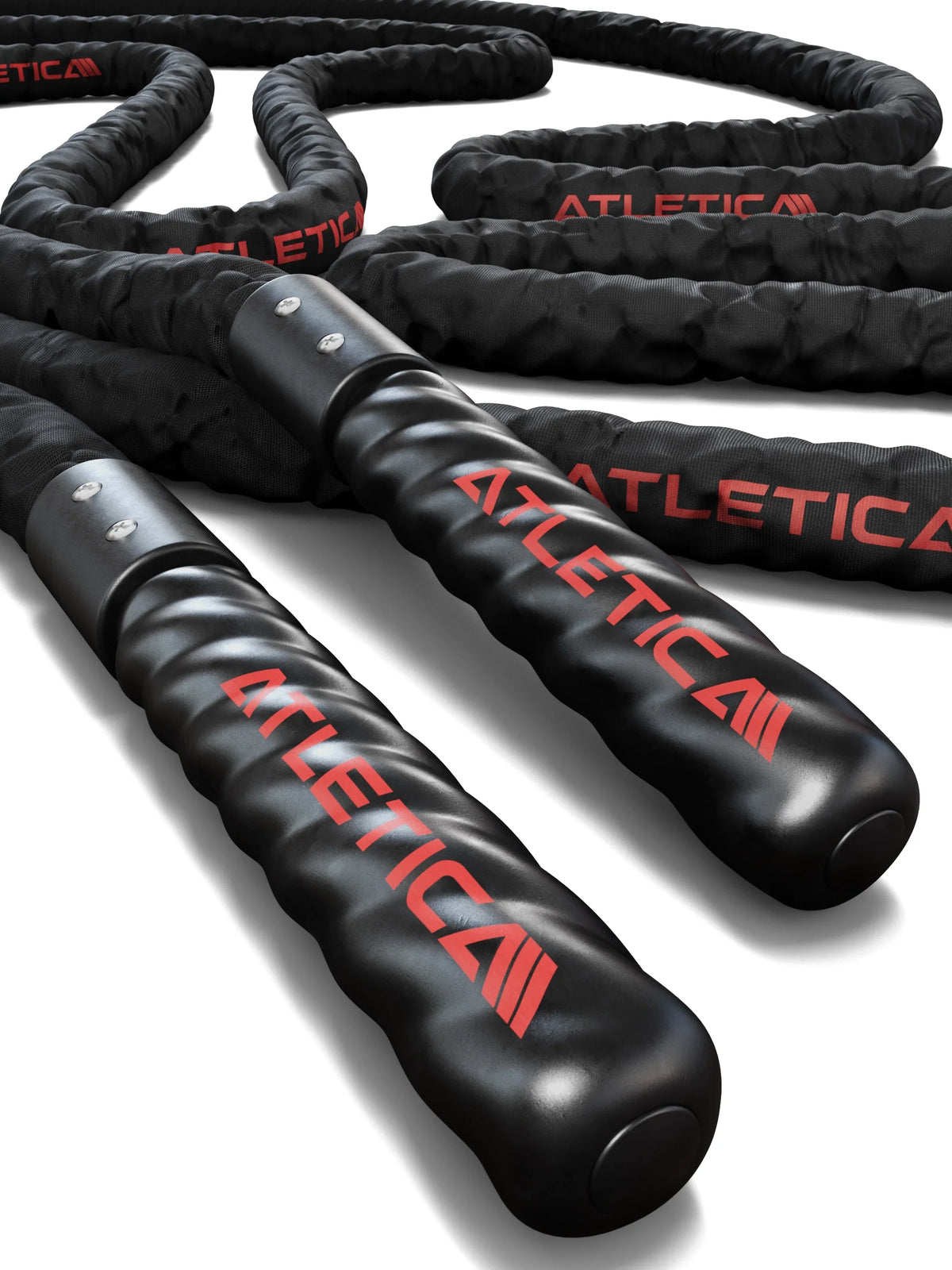 Battle Rope 50 ft with two handles in close-up and wavy rope structure in black design