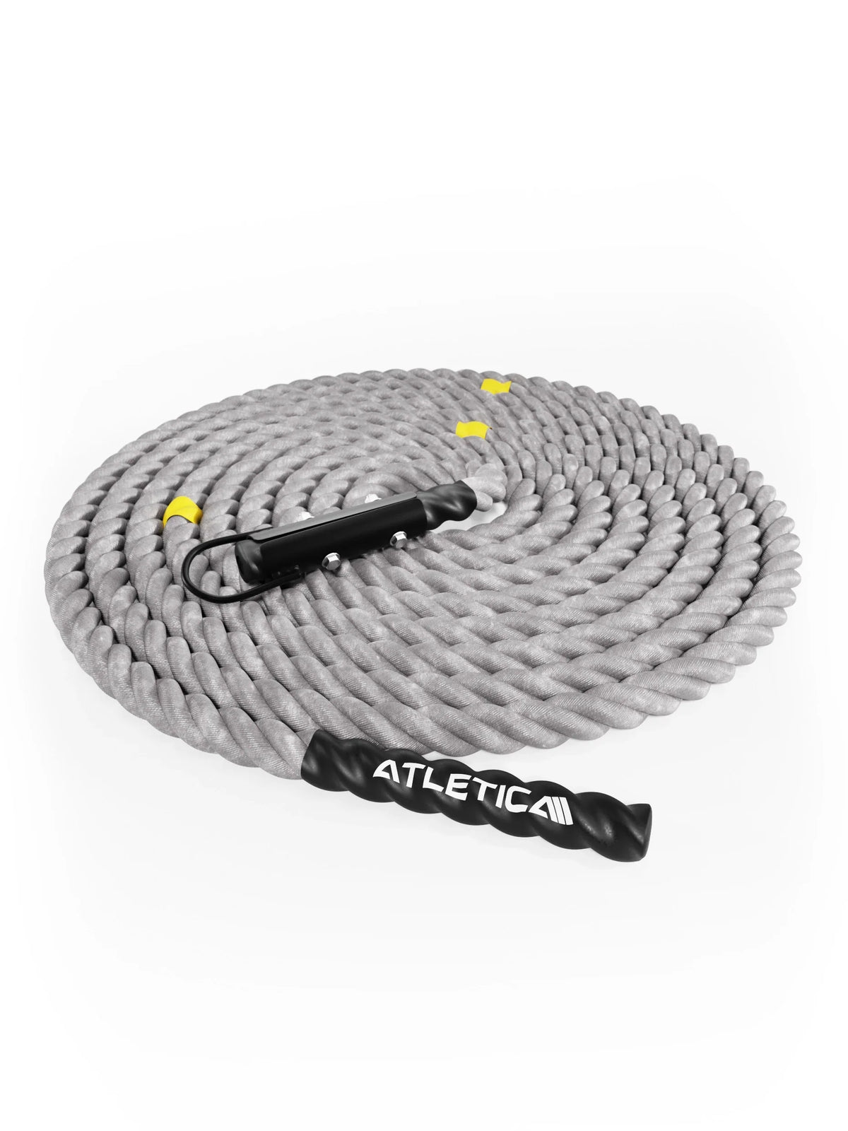 HRX Power Rope 50 ft by Atletica rolled up with black Handle and yellow Markings