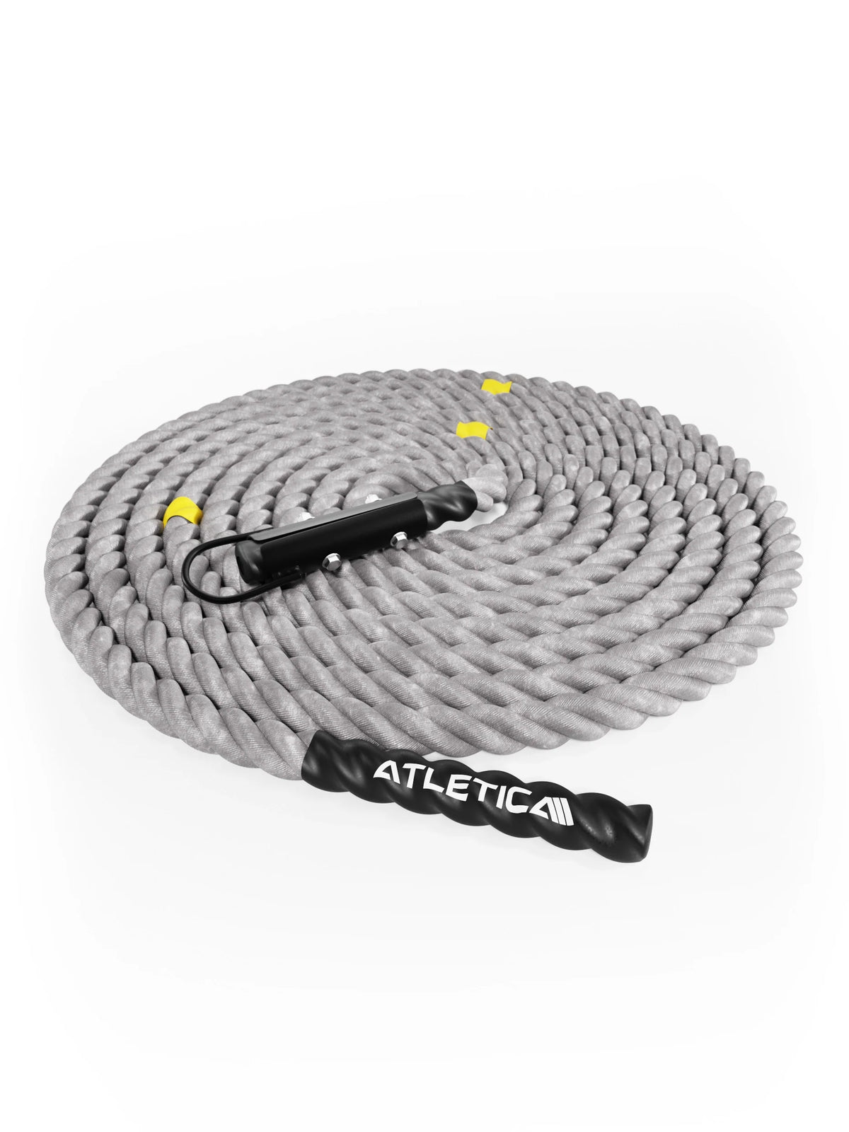 HRX Power Rope 50 ft by Atletica rolled up with black Handle and yellow Markings