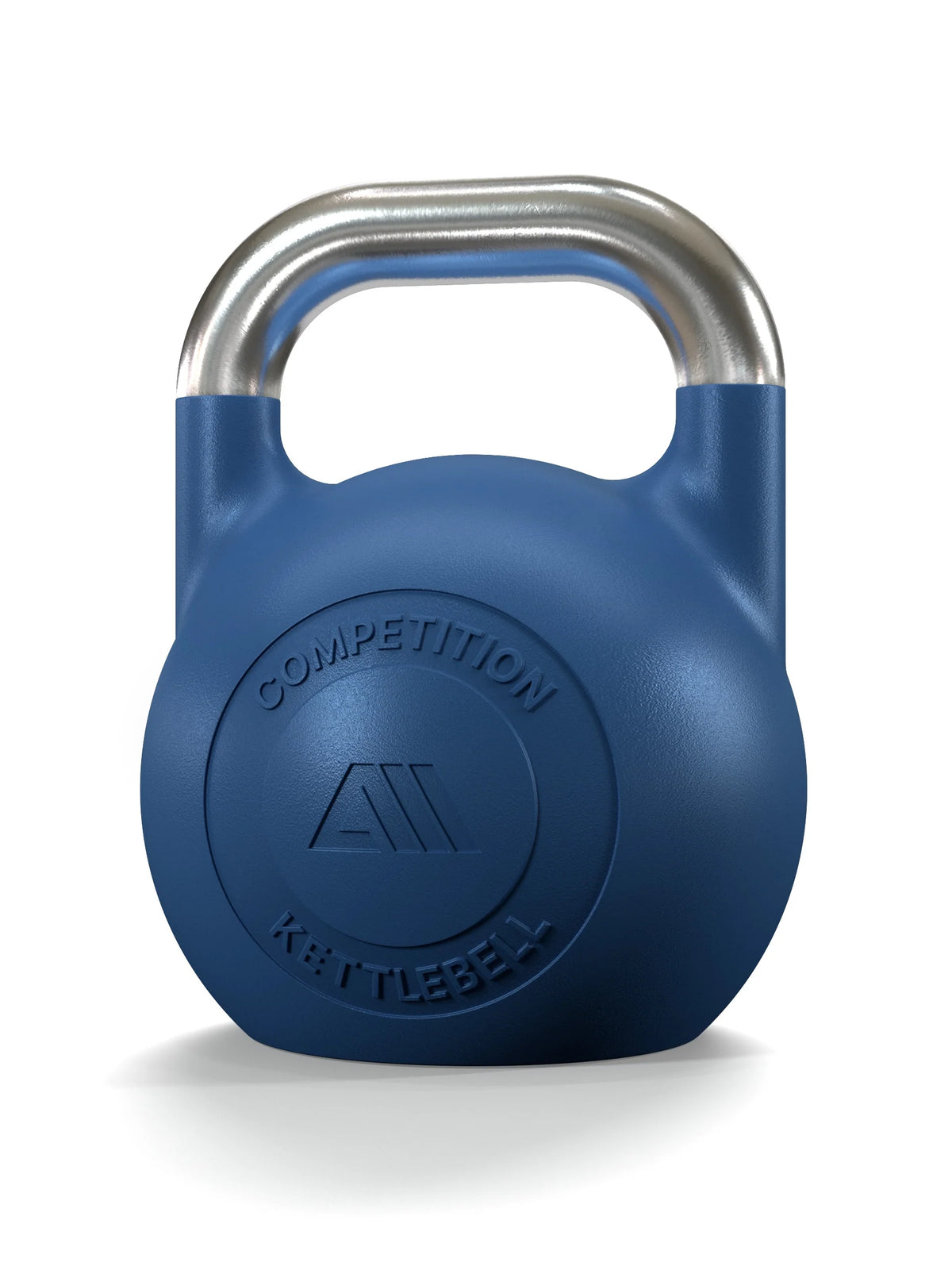 Atletica competition kettlebell 26 lb, blue with steel handle, front view with embossed logo