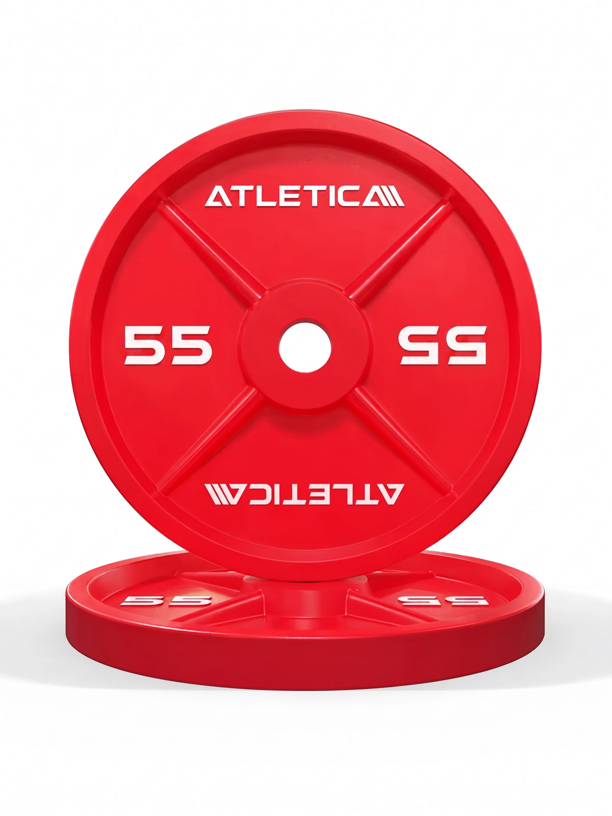 Atletica Color Iron Plates - Two red Weight Plates, 55 lb, stacked on top of each other