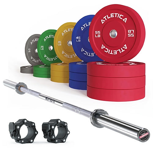 Atletica Gamma chrome barbell with color bumper plate set 680 lb and Pro collars