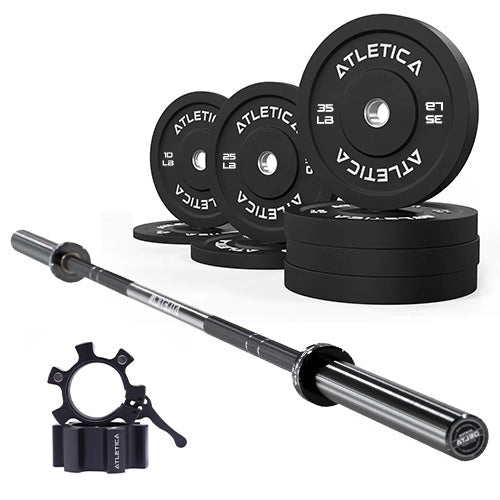 Atletica Barbell Set Delta with black Bumper Plates 200 lb and aluminum barbell collars