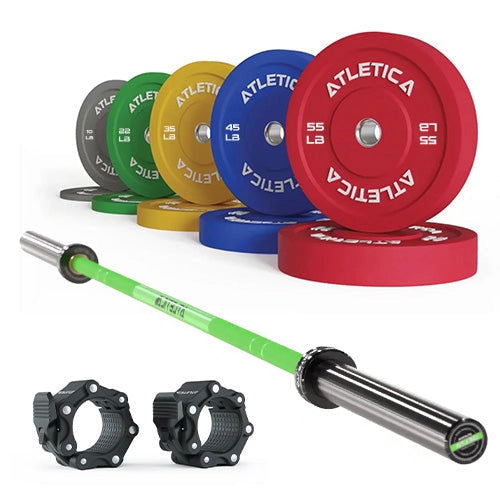 Atletica Delta electric green barbell set with color bumper plates and Pro collars