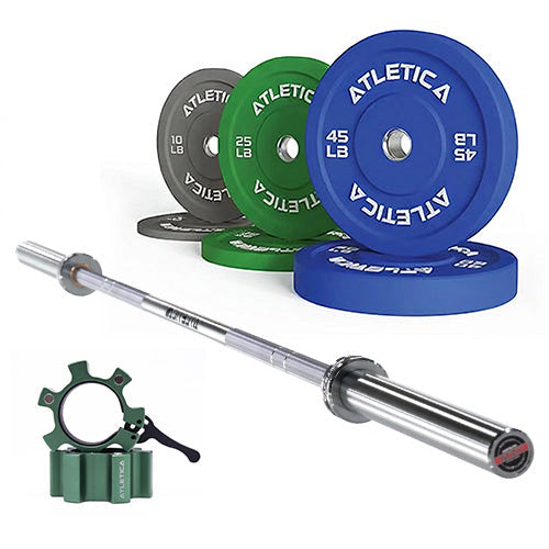 Atletica Yota Barbell with 160 lb Color Bumper Plates and aluminum collars