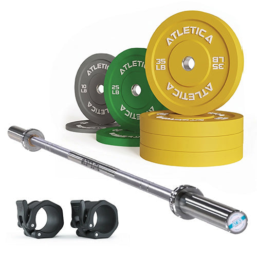 Atletica Zeta Set with Color Bumper 210 lb - barbell, weight plates in yellow, green, gray, black, two barbell collars