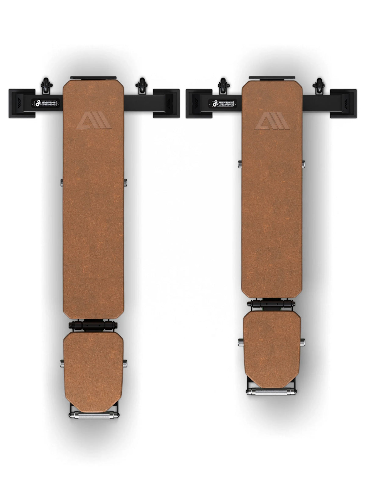 Two Atletica Raptor weight benches with brown pads, top view side by side