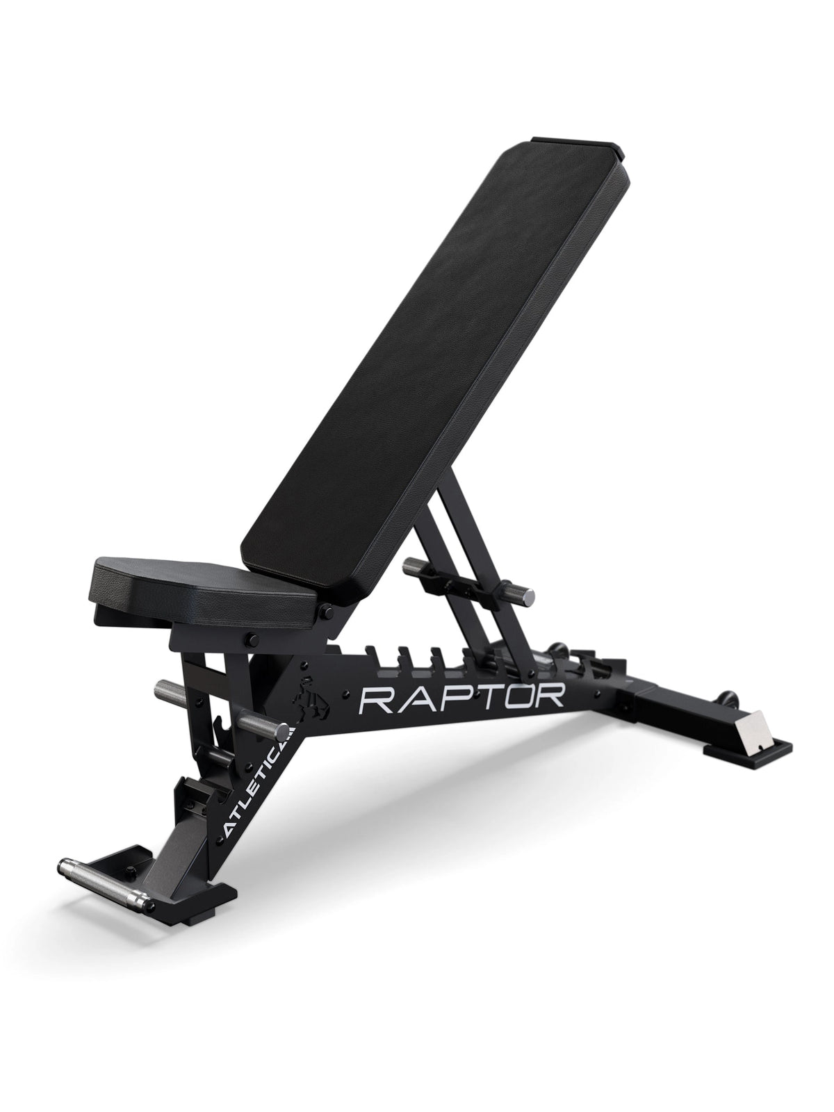 Atletica Weight Bench Raptor with black padding and black ratchet plates, adjustable, for strength training
