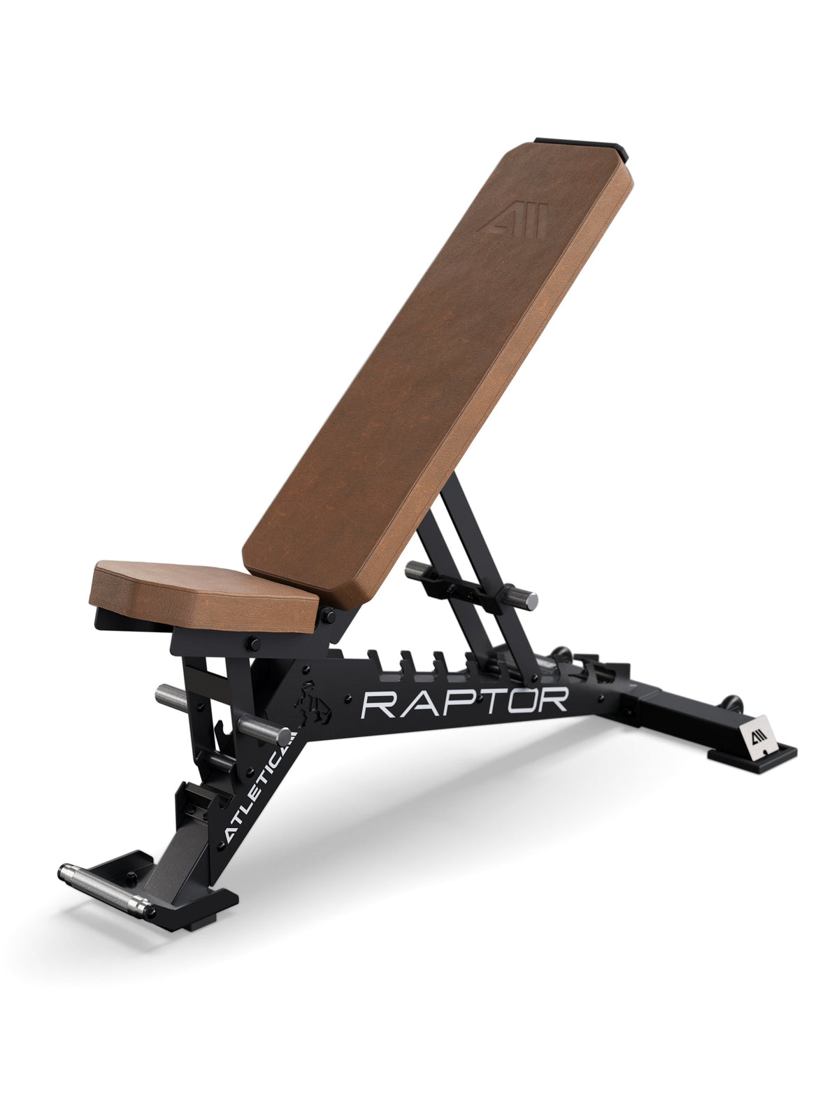 Atletica Raptor adjustable weight bench, black frame with brown pad, angled view