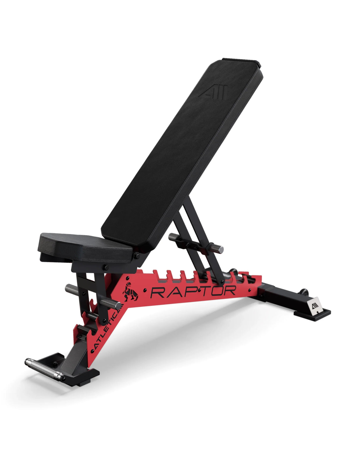 Atletica Raptor adjustable weight bench, sportscar red frame with black upholstery, angled view