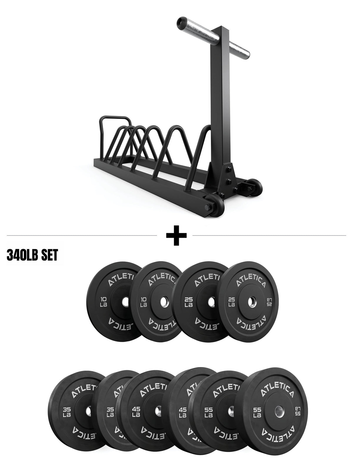 Atletica Tusker Set - Weight Plate Storage with Wheels, 340 lb Bumper Plates