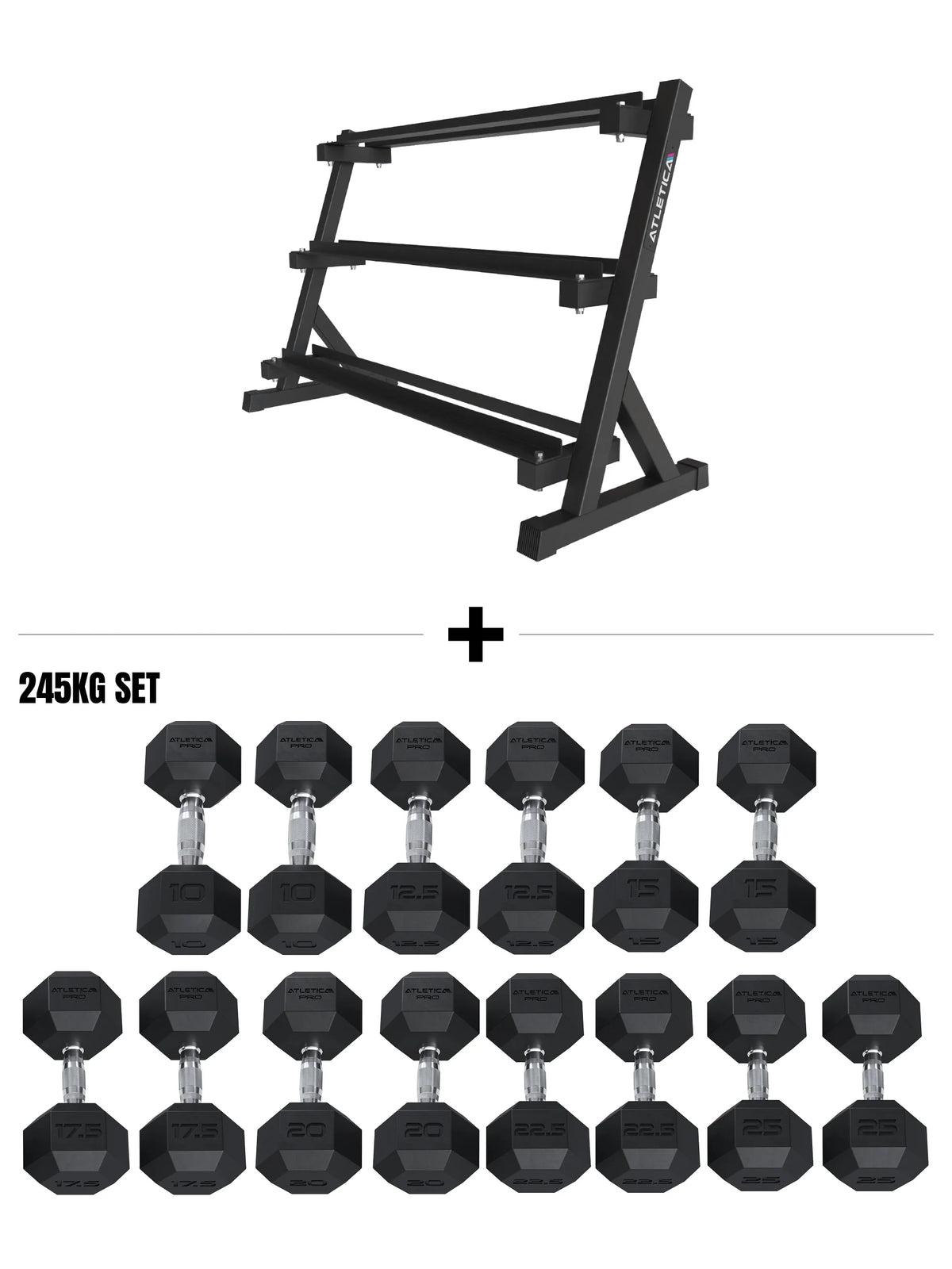 Atletica Hexagon PRO SET Cerberus - Dumbbell Stand with Hexagon Dumbbells, 7 pairs 20 - 50 lb (490 lb)