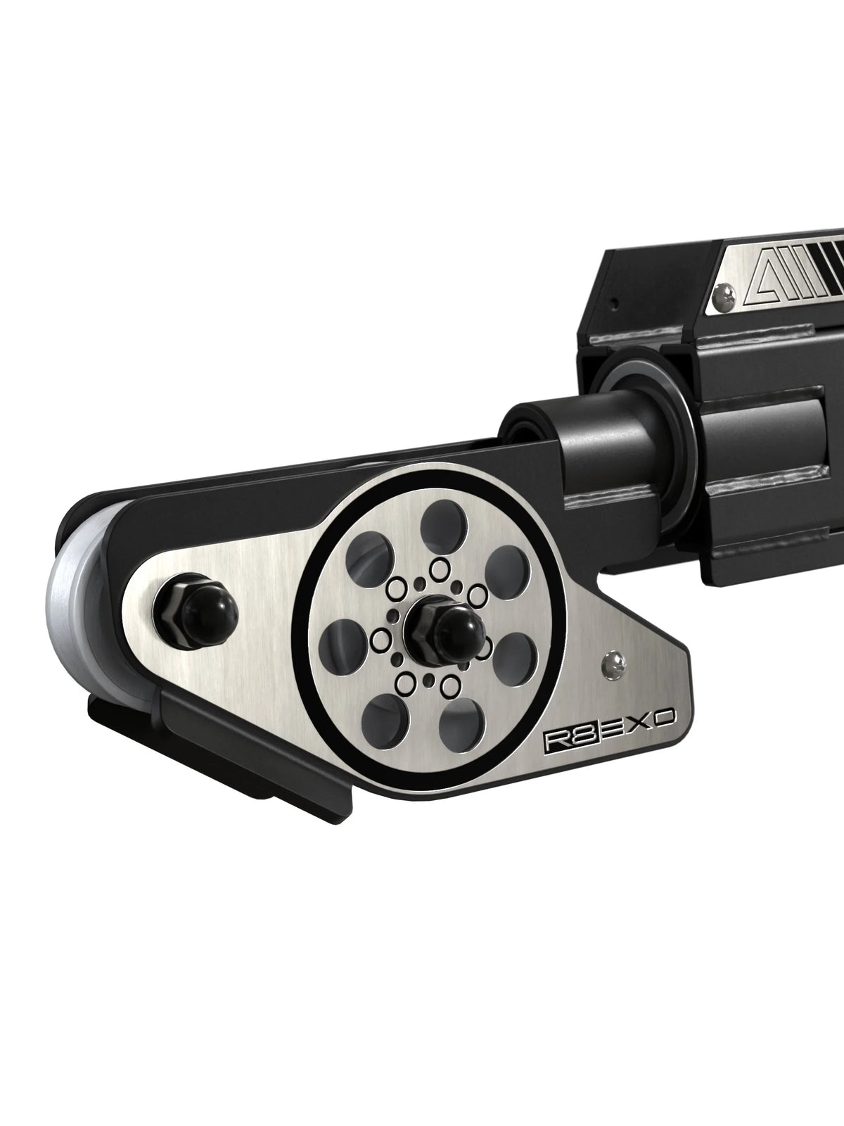 ATLETICA EXO Arms – close-up 360° cable outlet with stainless steel adjustment plate, R8 EXO logo