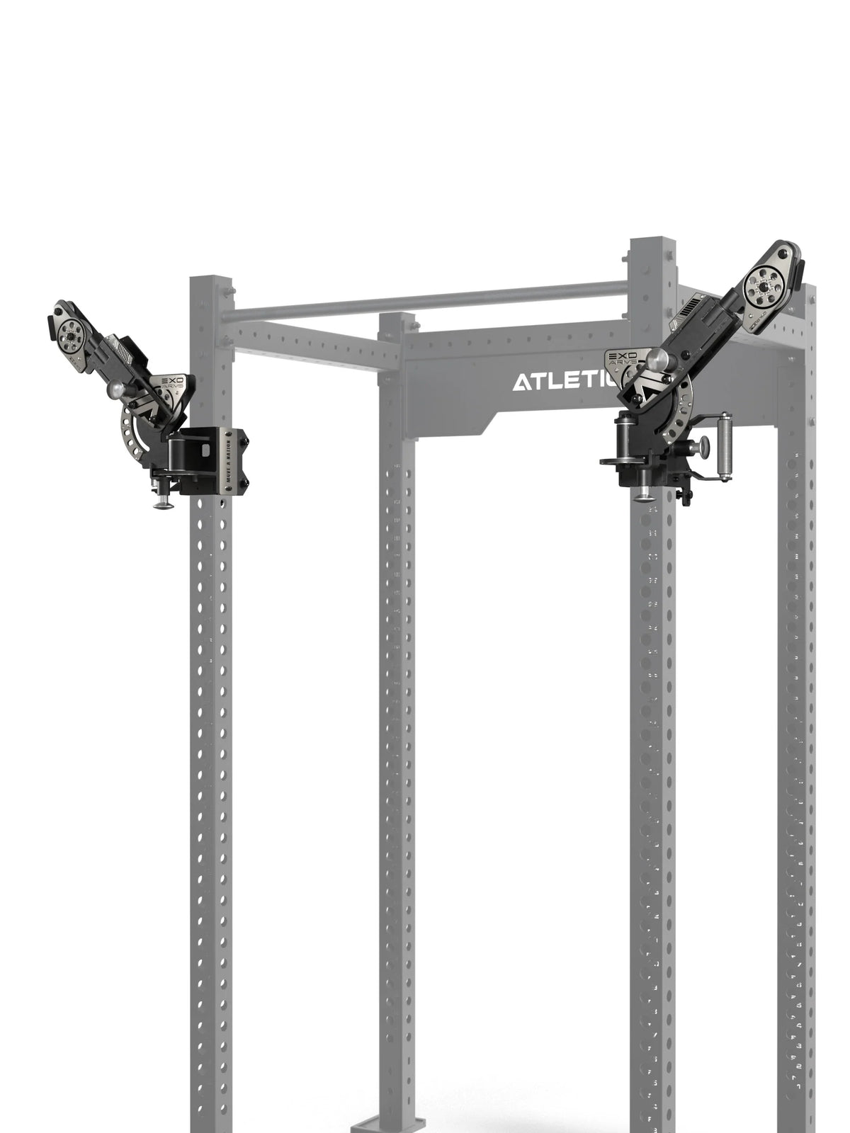 ATLETICA EXO Arms Pair on the R8 Rack – arms turned inward, 49 angle combinations for cable crossover
