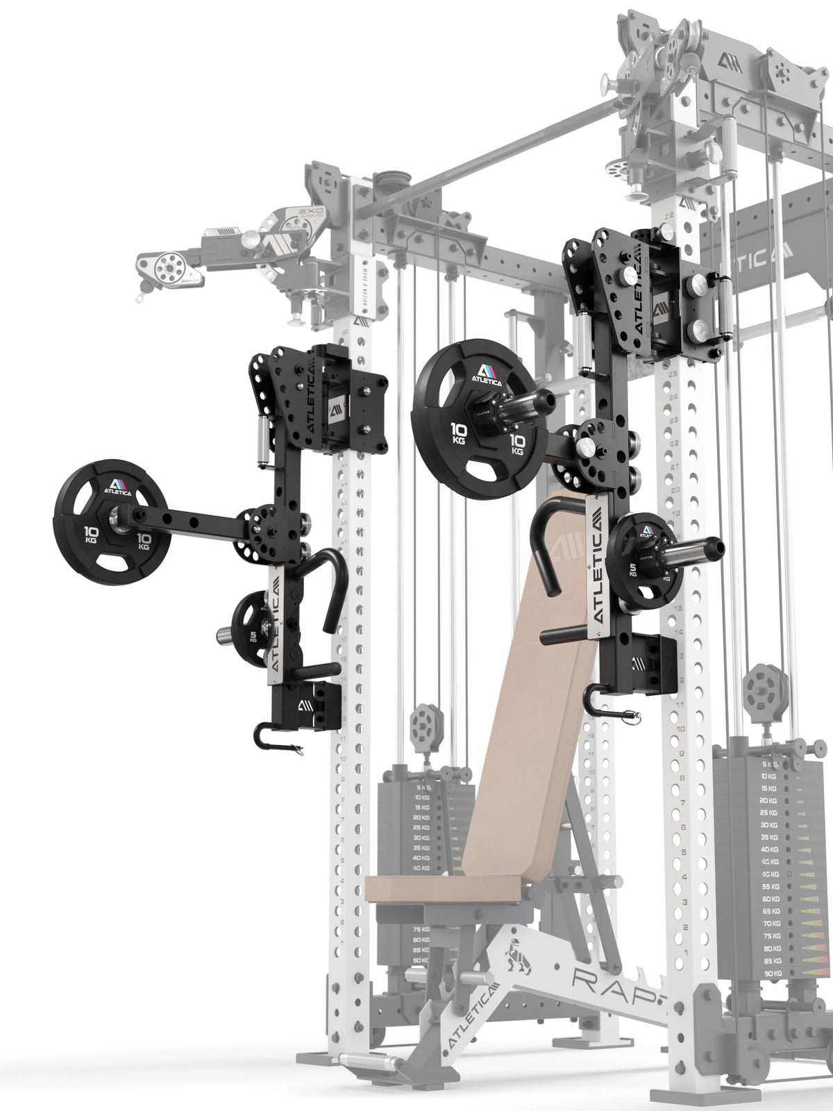Atletica jammer arms on a power rack outline with incline bench, angled front view
