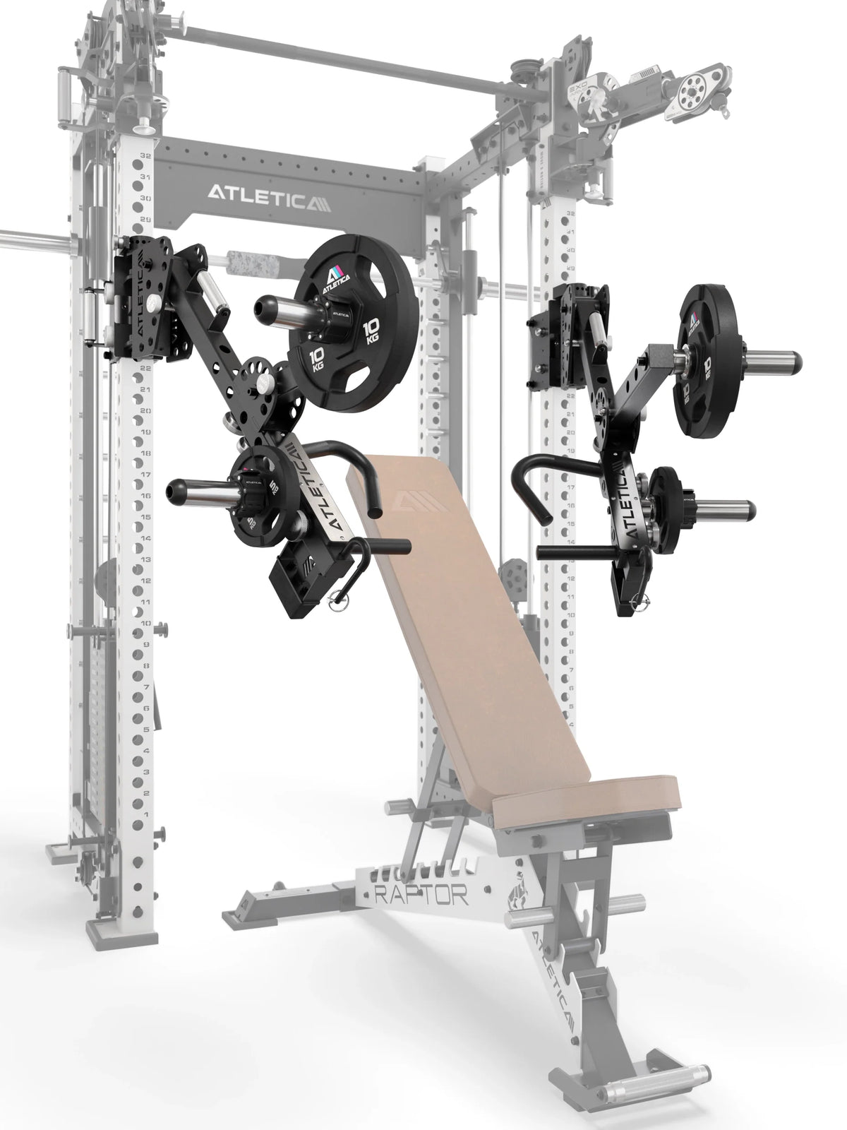 Atletica jammer arms on a power rack outline with bench, angled view from the left