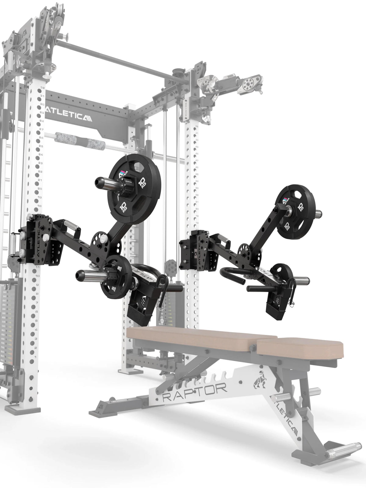 Atletica Jammer arms mounted on the R8 Bradley rack with Raptor bench, front view detail