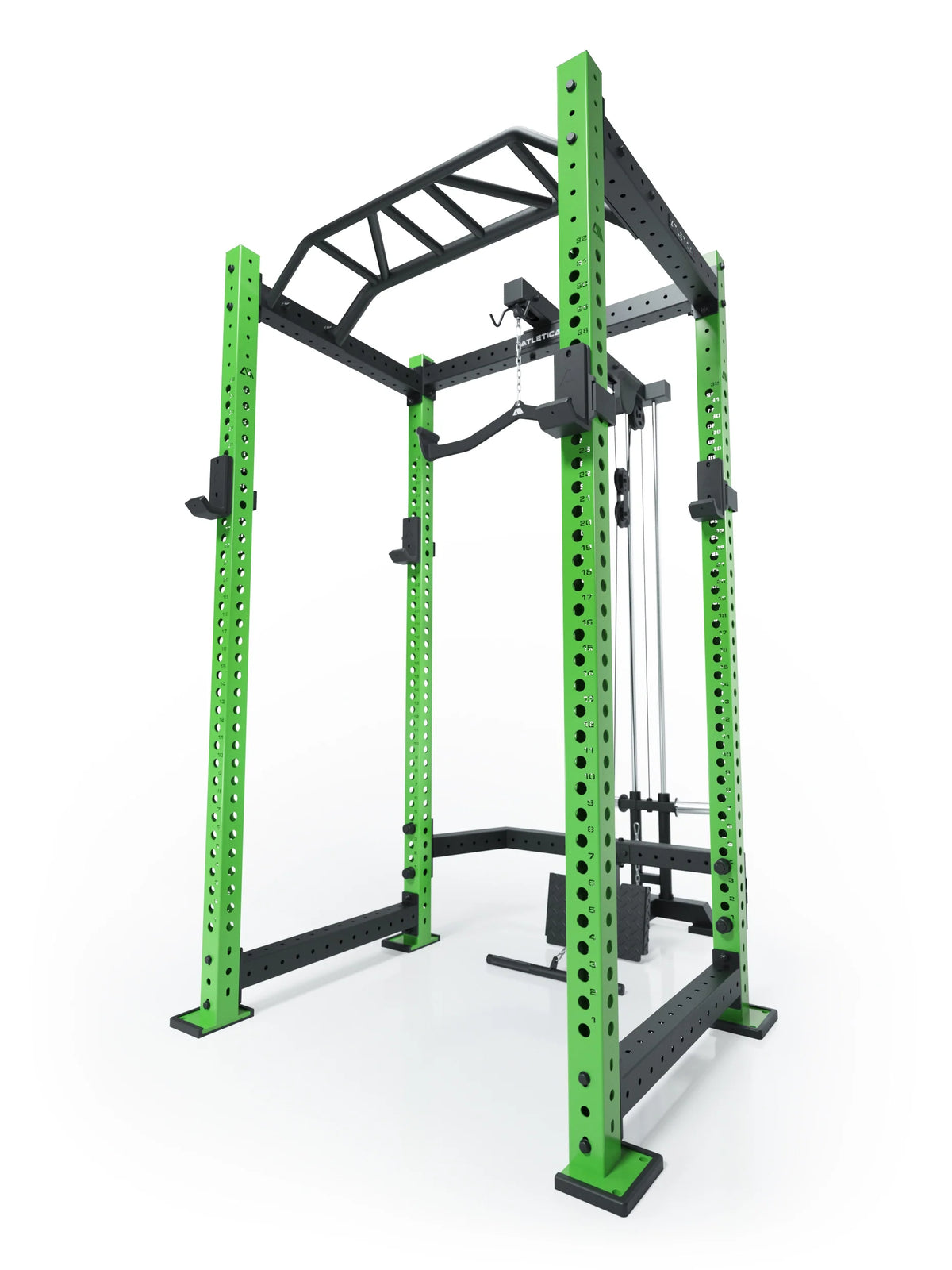 Atletica R8 BlackHawk power rack with electric green uprights, angled view