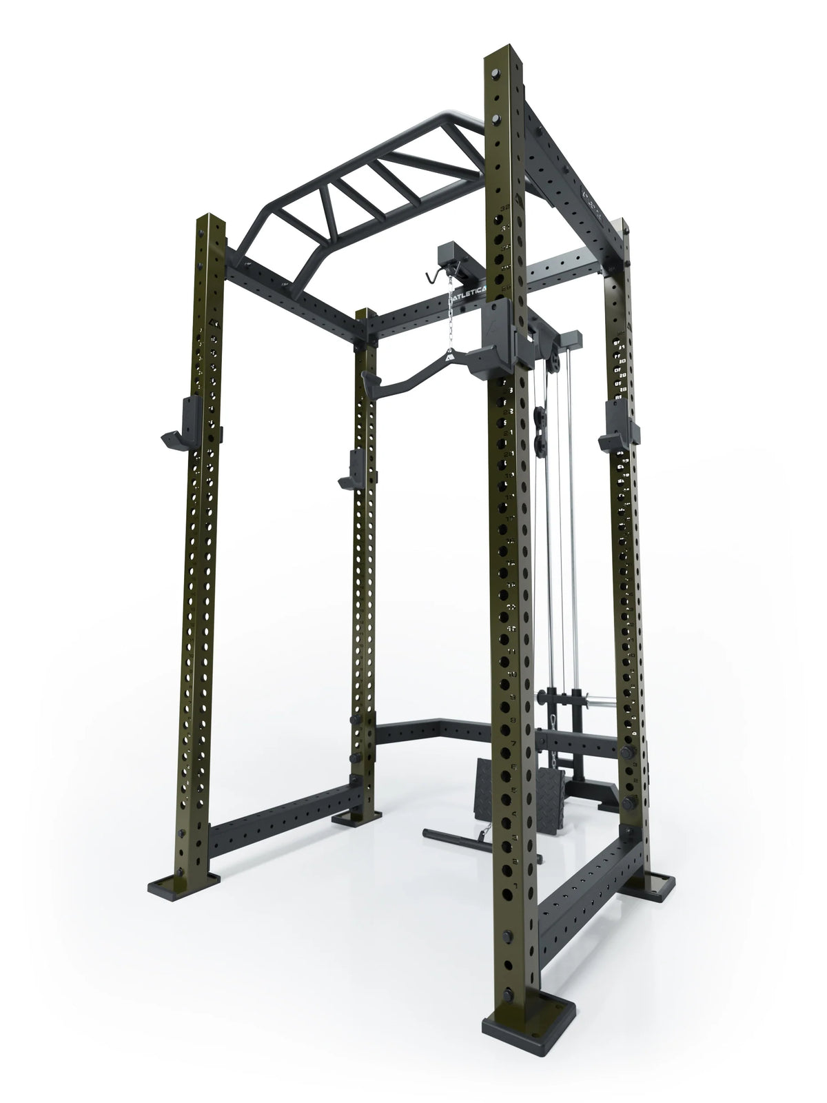 Atletica R8 BlackHawk power rack with military green uprights, angled view