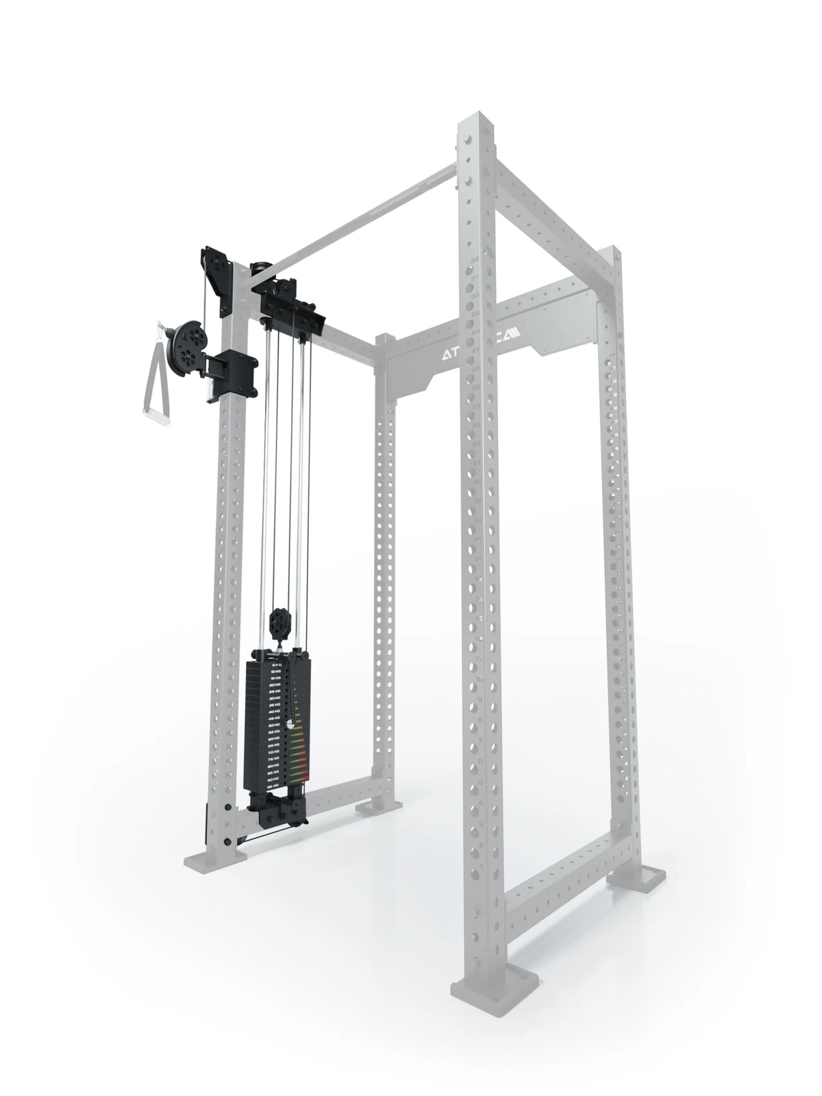 Atletica R8 Bradley 210 lb cable pulley attachment, left side, 30.5-inch crossbar, position 1, angled view