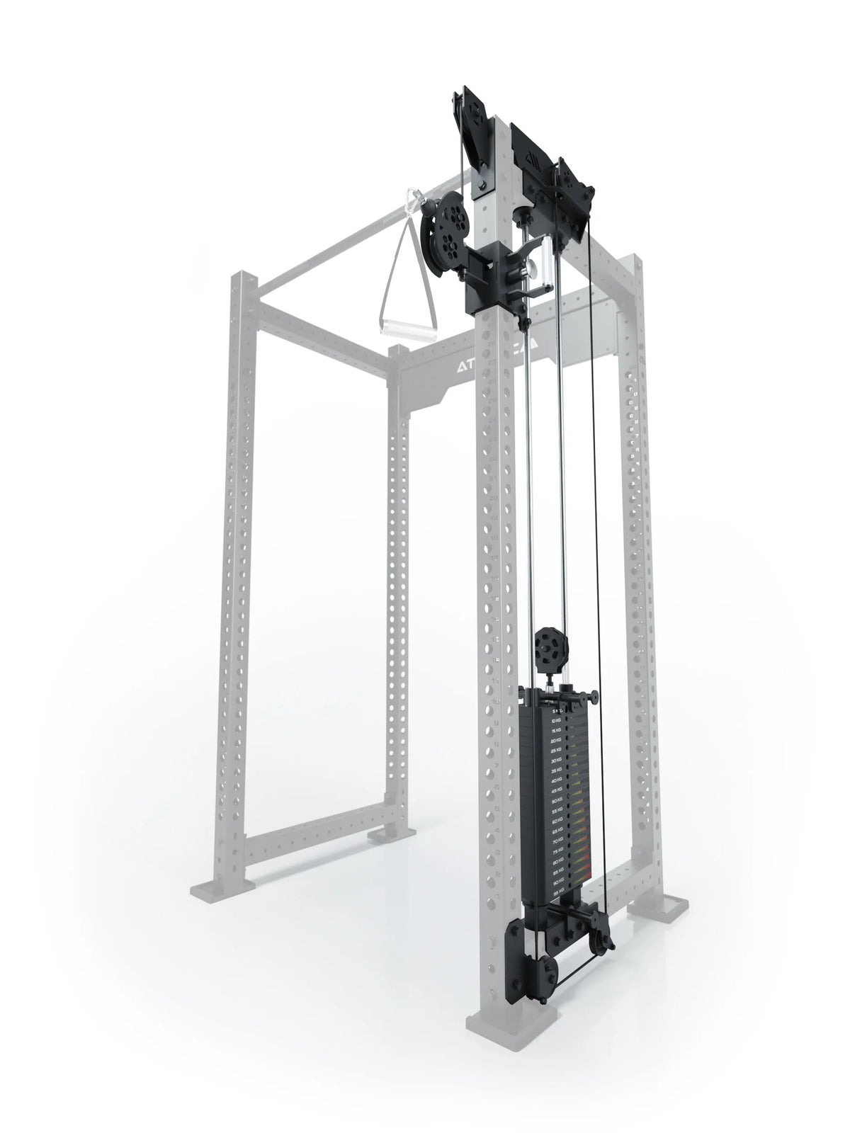 Atletica R8 Bradley 210 lb cable pulley attachment, right side, 30.5-inch crossbar, position 1, angled view