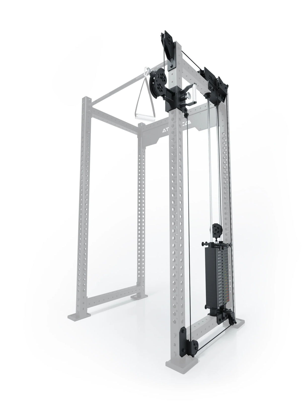 Atletica R8 Bradley 210 lb cable pulley attachment, right side, 30.5-inch crossbar, position 2, angled view