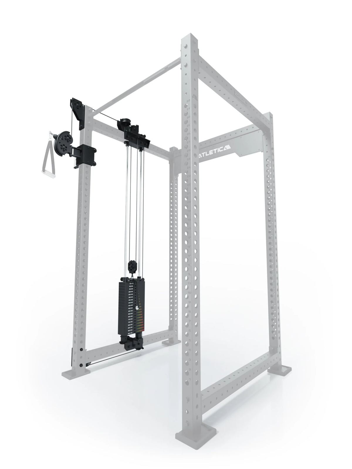Atletica R8 Bradley 210 lb cable pulley attachment, left side, 43-inch crossbar, position 2, angled view