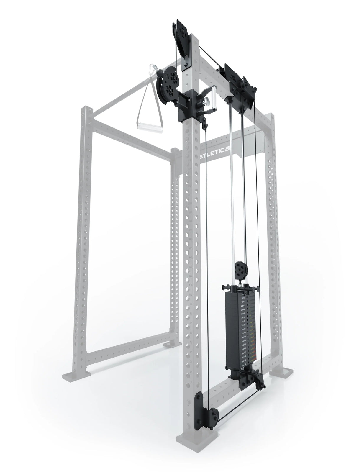 Atletica R8 Bradley 210 lb cable pulley attachment, right side, 43-inch crossbar, position 2, angled view