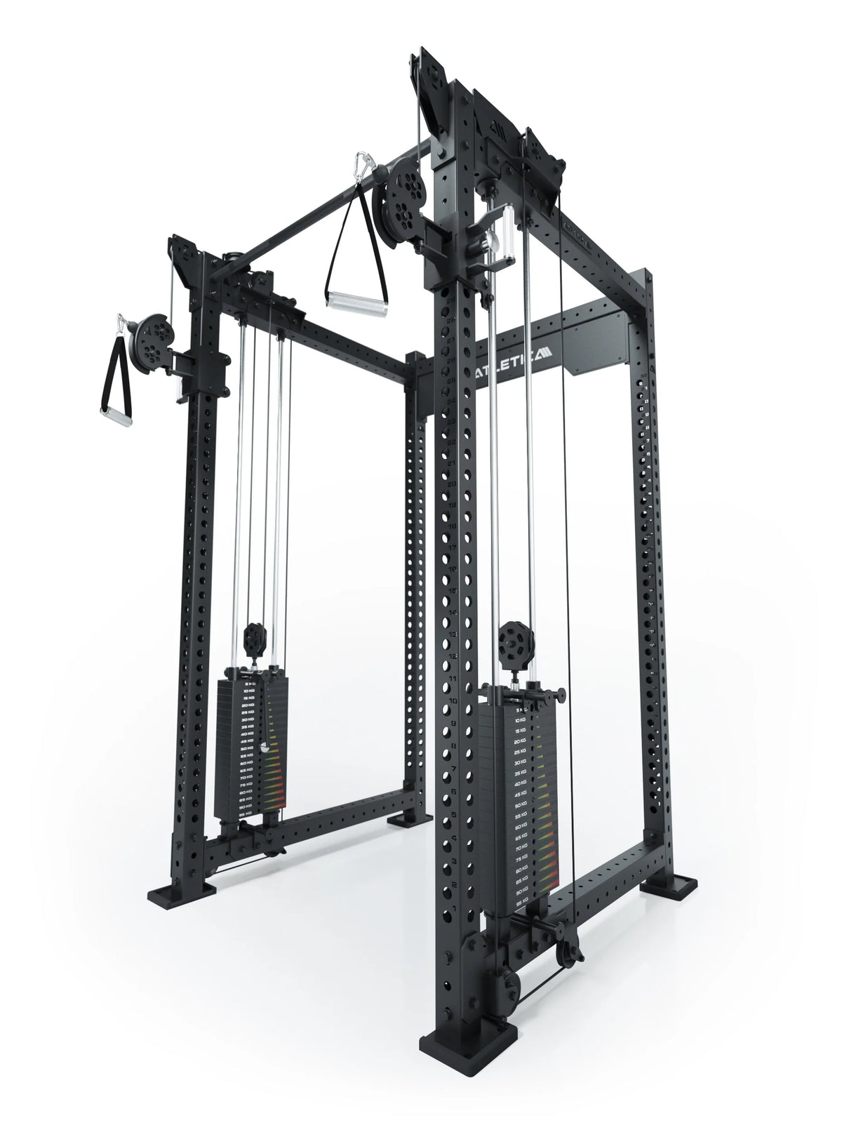 R8 Bradley Power Rack with cable pulley tower, two weight stacks, two handles