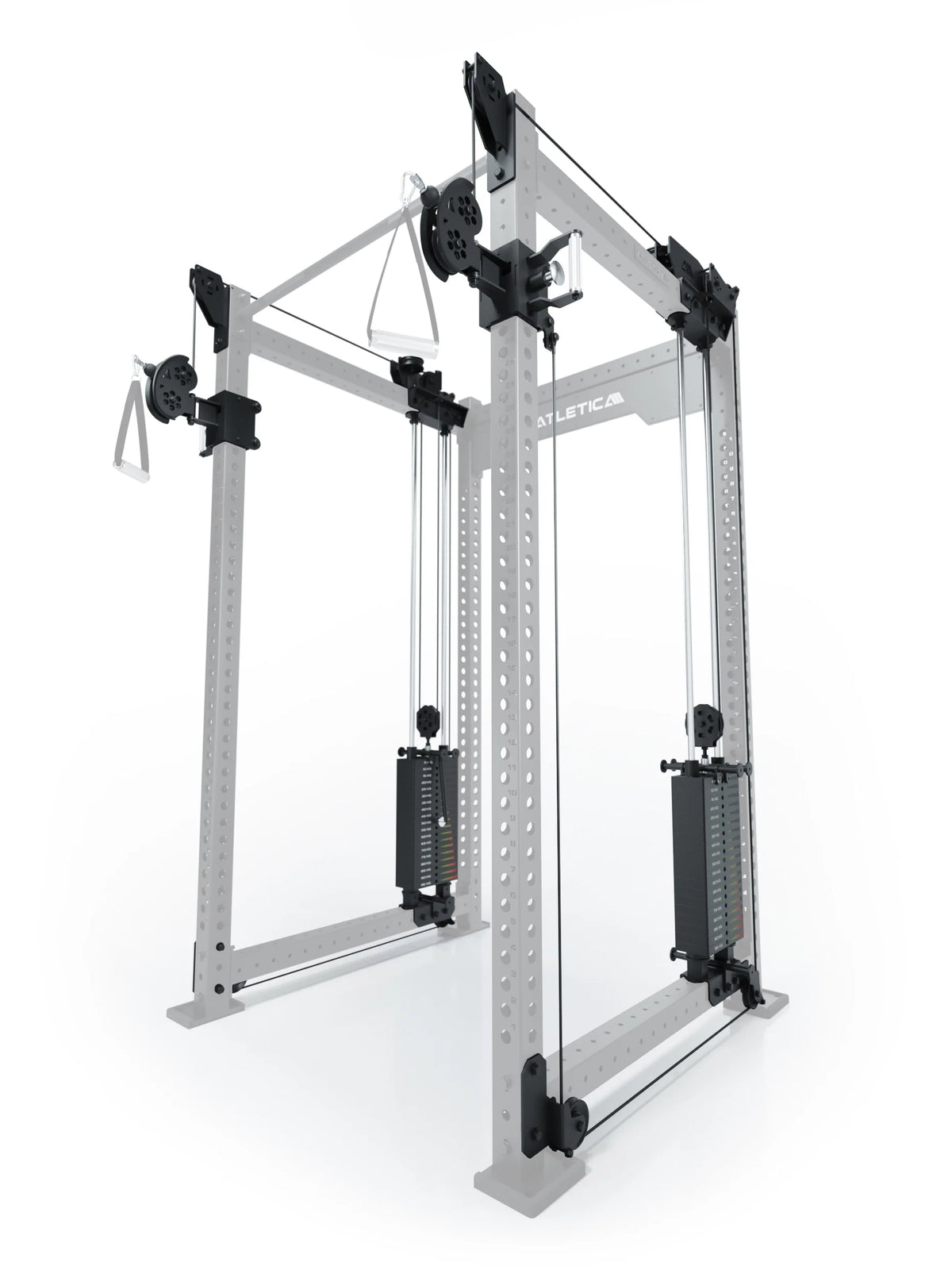 Atletica R8 Bradley dual cable pulley attachment, 2x210 lb stacks, 43-inch crossbar, position 3, angled view