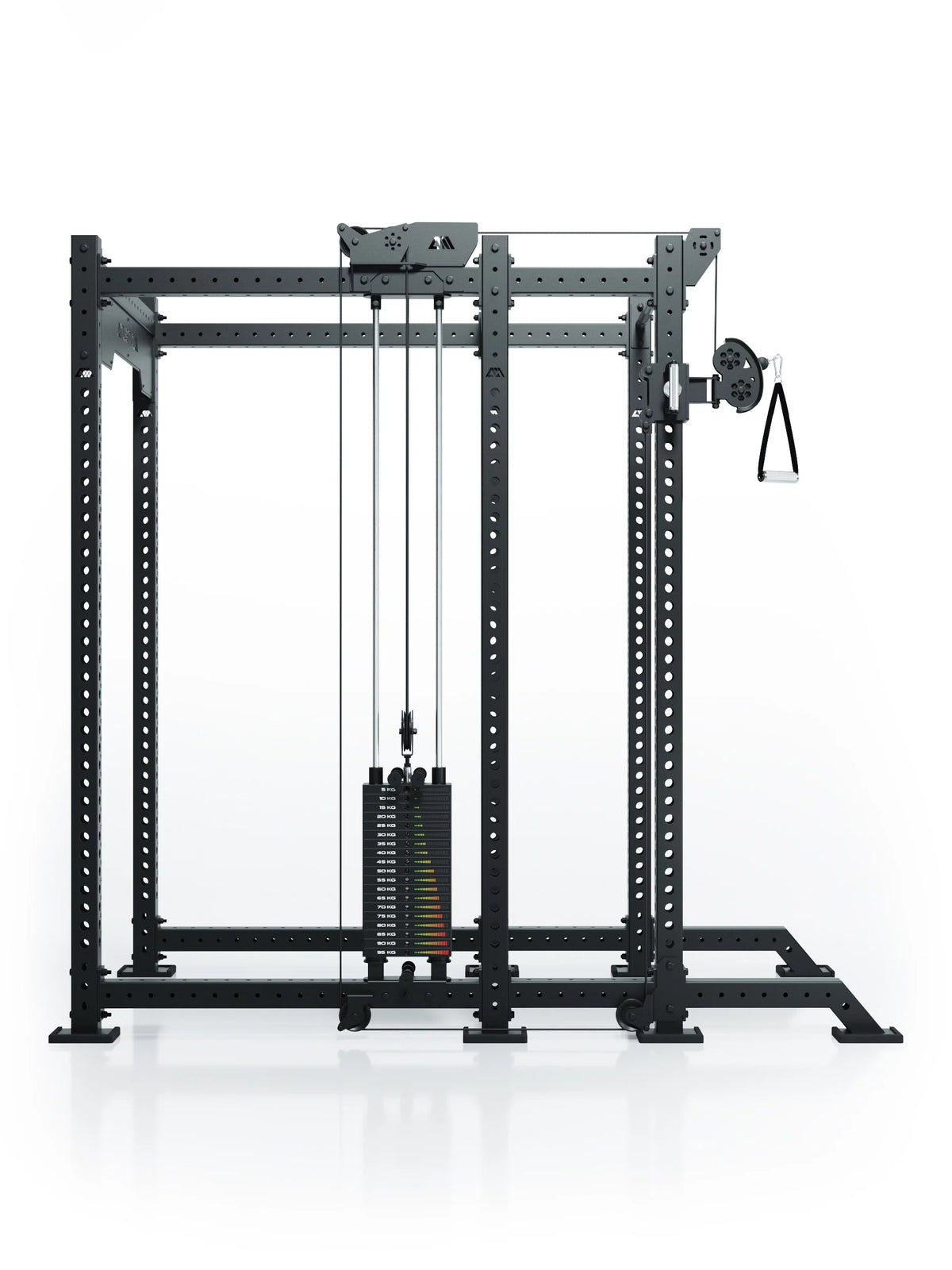 Atletica R8 Bradley rack with 210 lb left cable pulley attachment, weight stack, front view