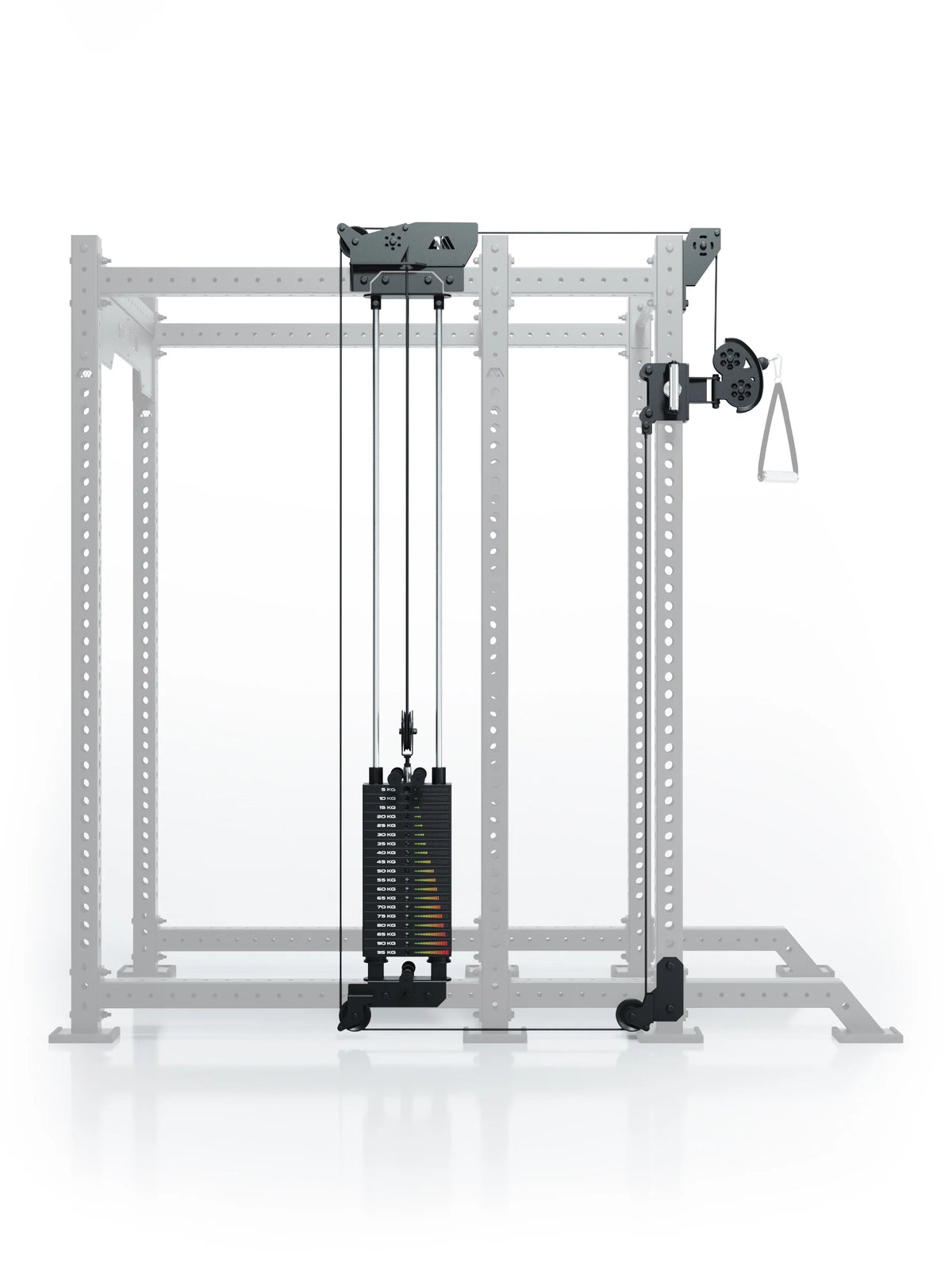 Atletica R8 Bradley 210 lb cable pulley attachment, left, highlighted on the rack, front view