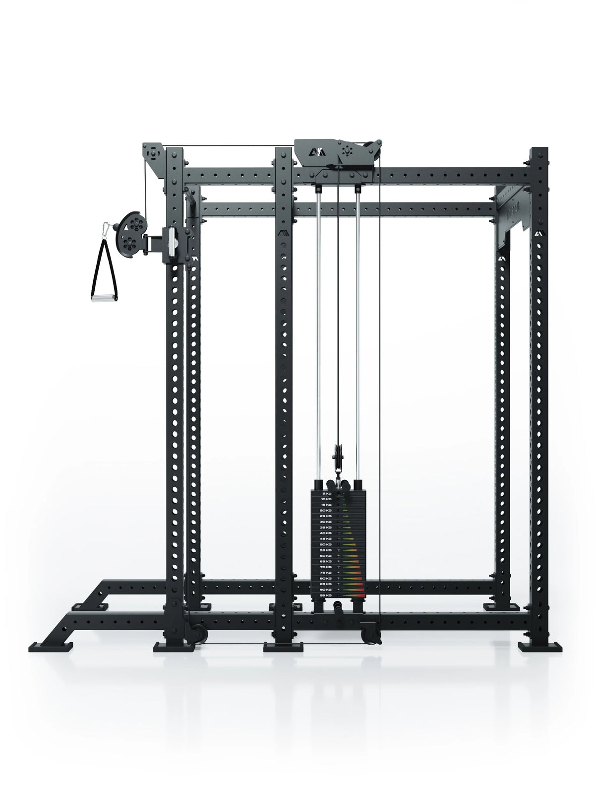 Atletica R8 Bradley 210 lb cable pulley attachment, right, 16.5 inch crossbar, mounted on a black rack, front view