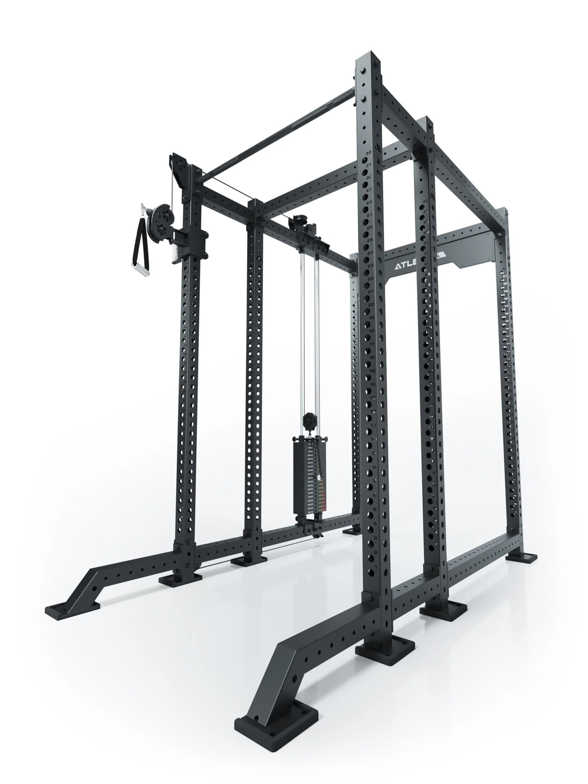 Atletica R8 Bradley 210 lb cable pulley attachment, left, mounted on a black power rack, angled view