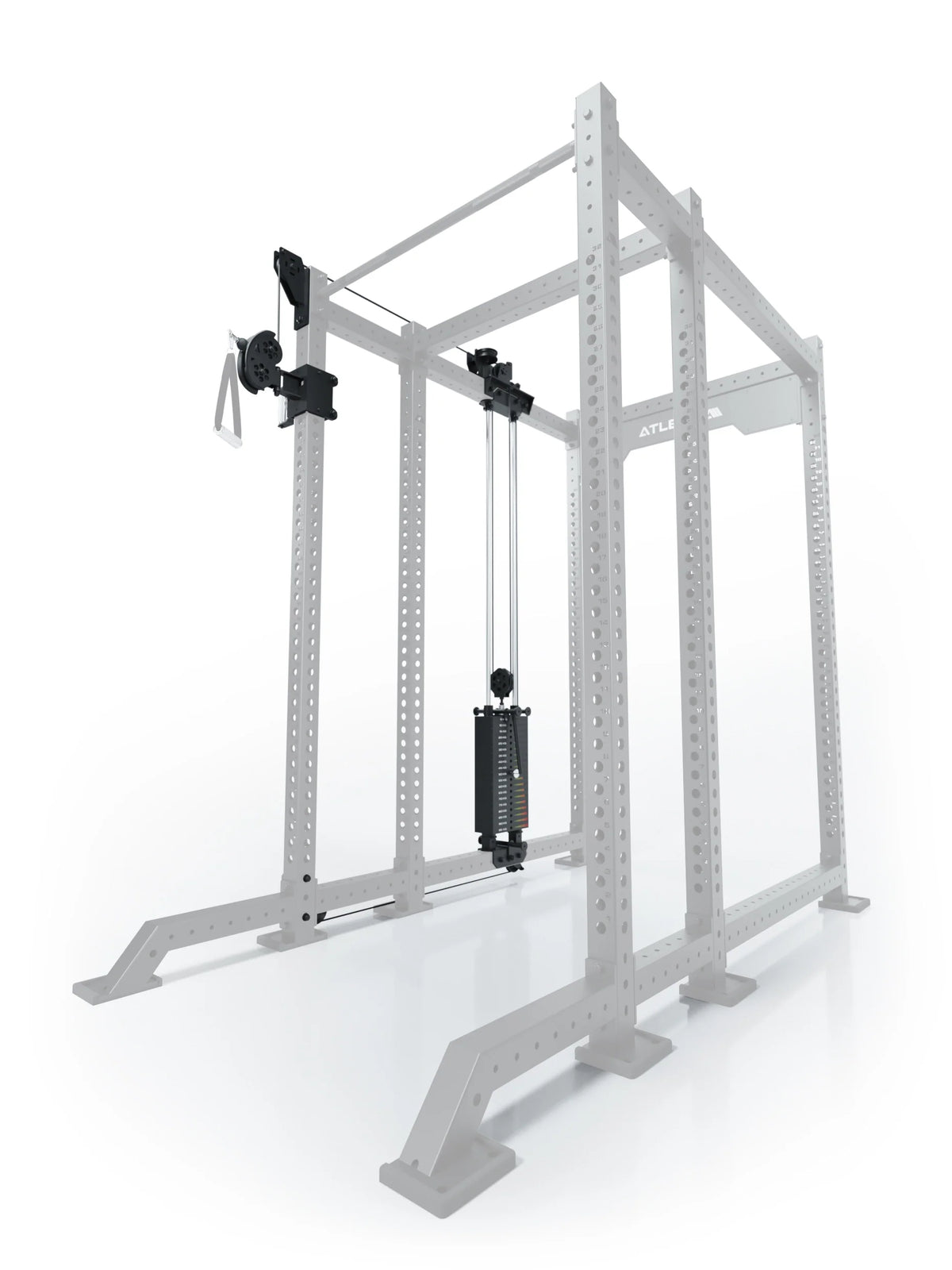 Atletica R8 Bradley 210 lb cable pulley attachment, left side, 16.5-inch crossbar, position 5, angled view
