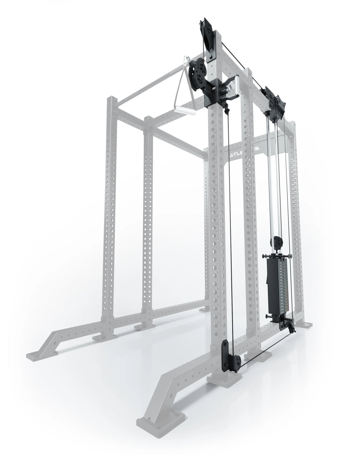 Atletica R8 Bradley 210 lb cable pulley attachment, right side, 16.5-inch crossbar, position 5, angled view