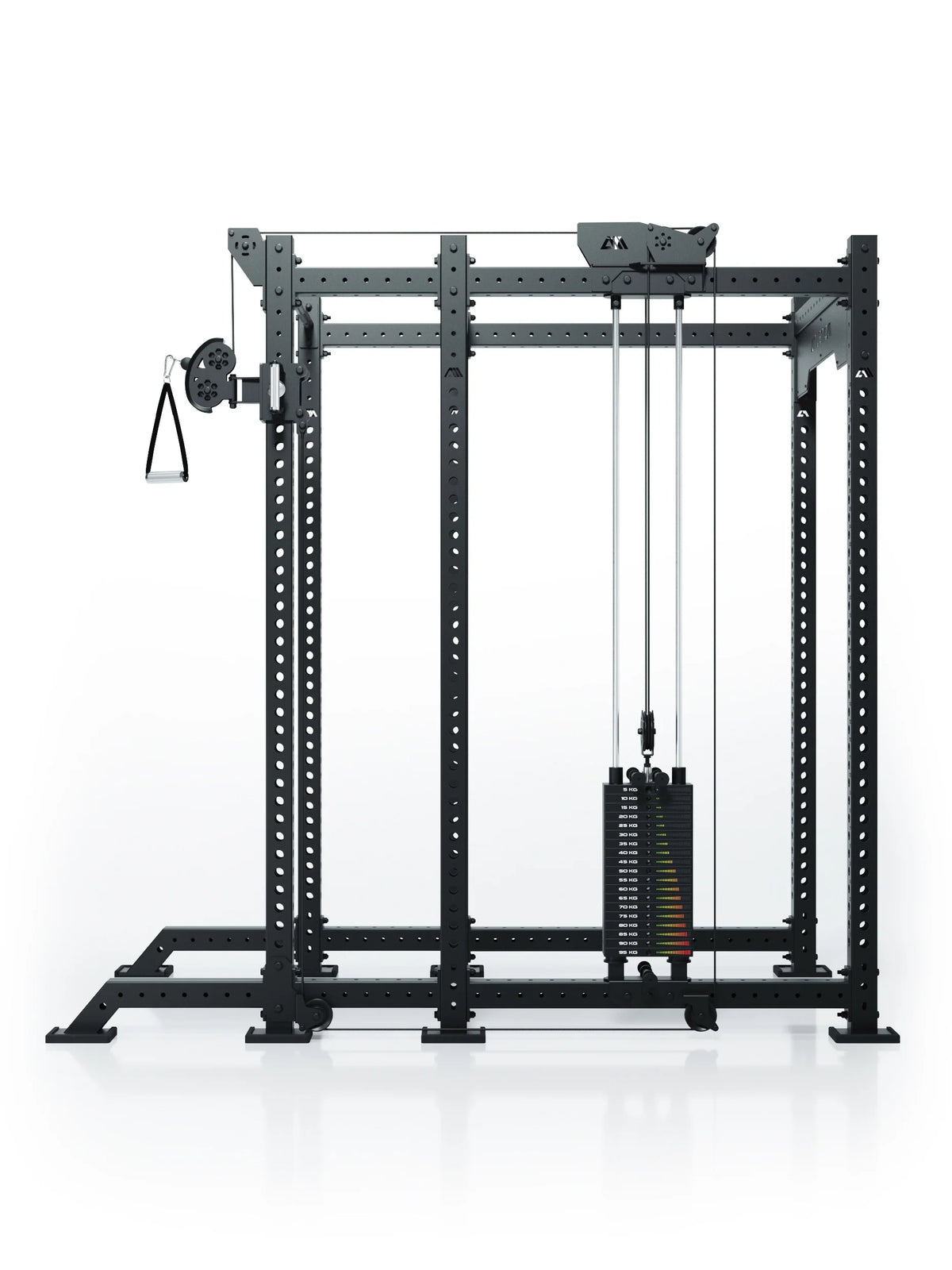 Atletica R8 Bradley 210 lb cable pulley attachment, right, mounted on a black power rack, front view