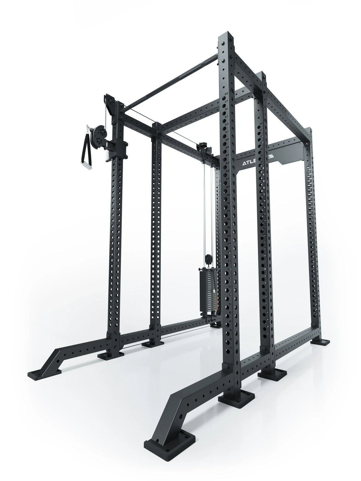 Atletica R8 Bradley 210 lb cable pulley attachment mounted left on the black rack, angled view
