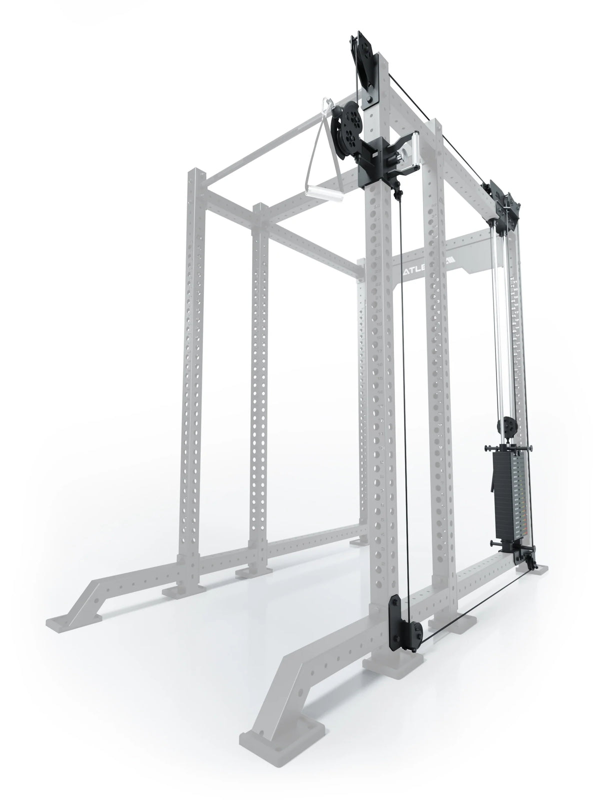 Atletica R8 Bradley 210 lb cable pulley attachment, right side, 16.5-inch crossbar, position 6, angled view