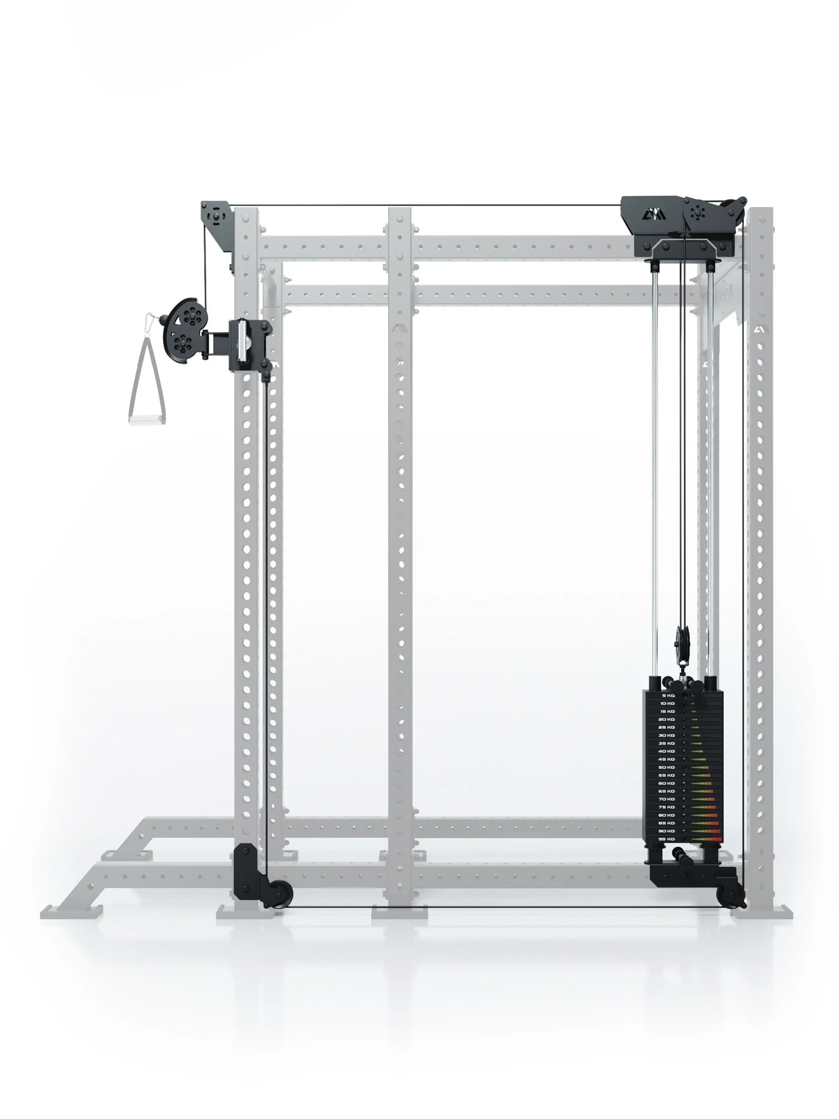 Atletica R8 Bradley 210 lb cable pulley attachment, 16.5-inch crossbar, highlighted on faded rack, front view