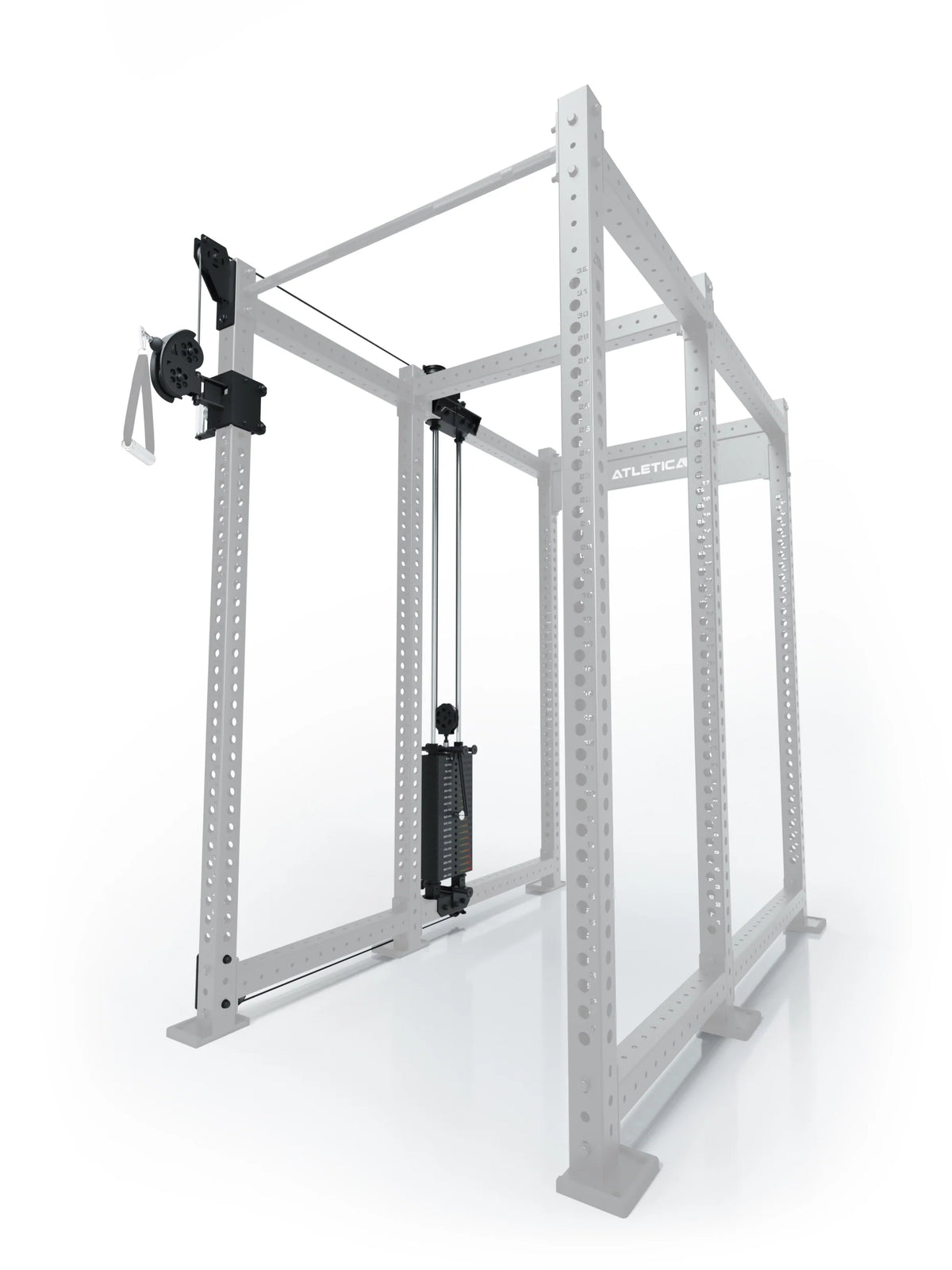 Atletica R8 Bradley 210 lb cable pulley attachment, left side, 30.5-inch crossbar, position 4, angled view